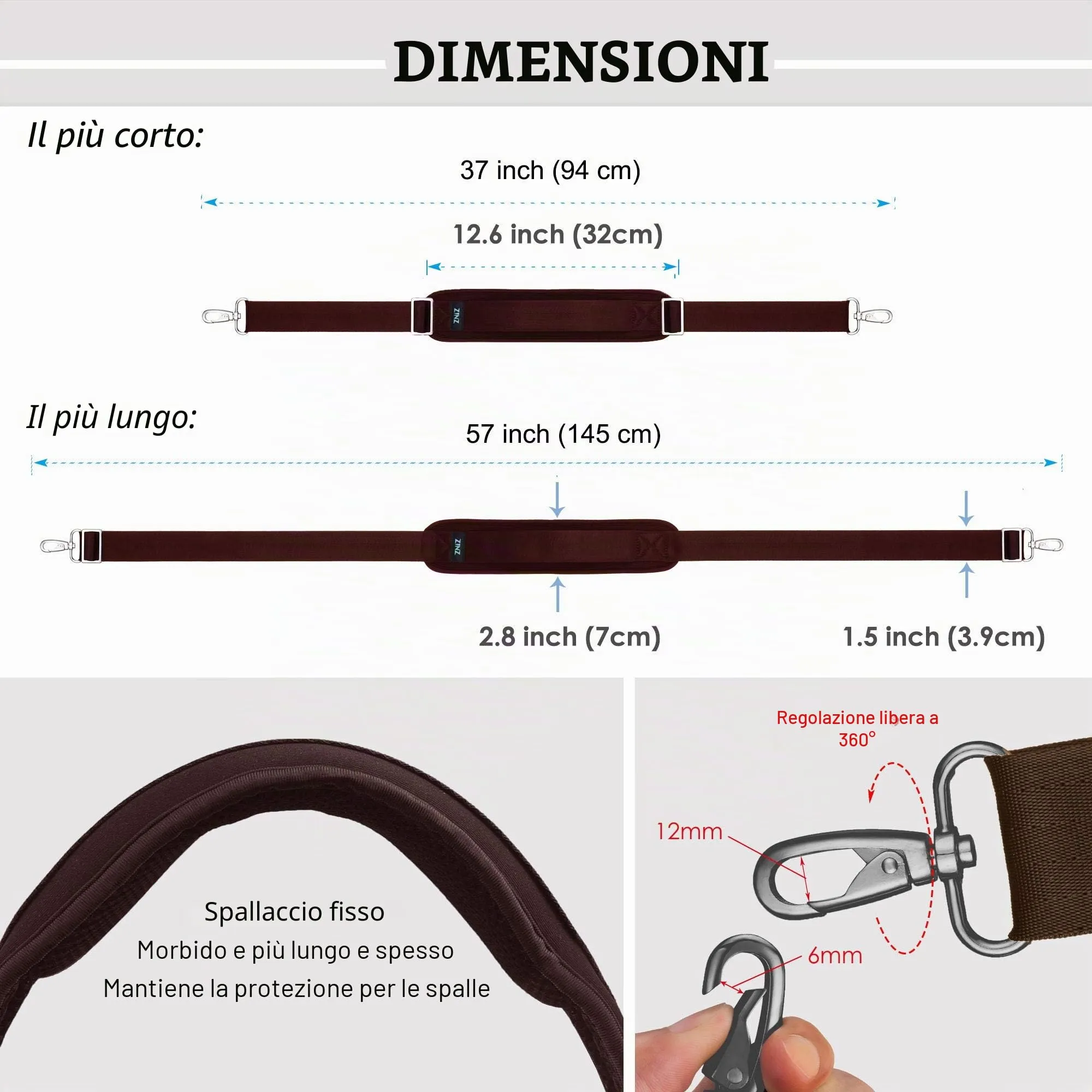 ZINZ Cinturino Regolabile con Imbottitura Fissa, Marrone, 57" - immagine 2