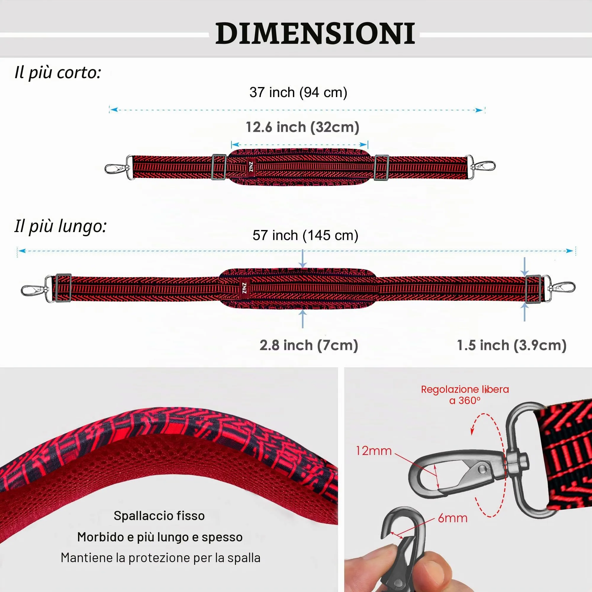 ZINZ Tracolla Regolabile con Imbottitura Fissa, Nero e Rosso, 57" - immagine 2