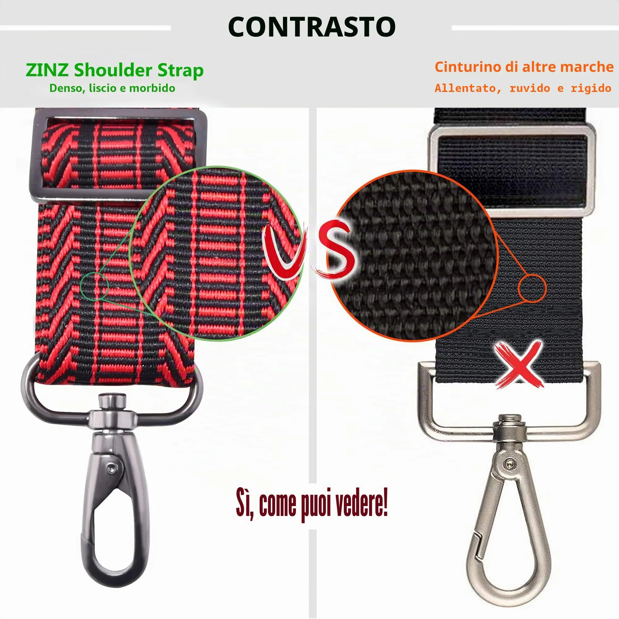 ZINZ Tracolla Regolabile con Imbottitura Fissa, Nero e Rosso, 57" - immagine 4