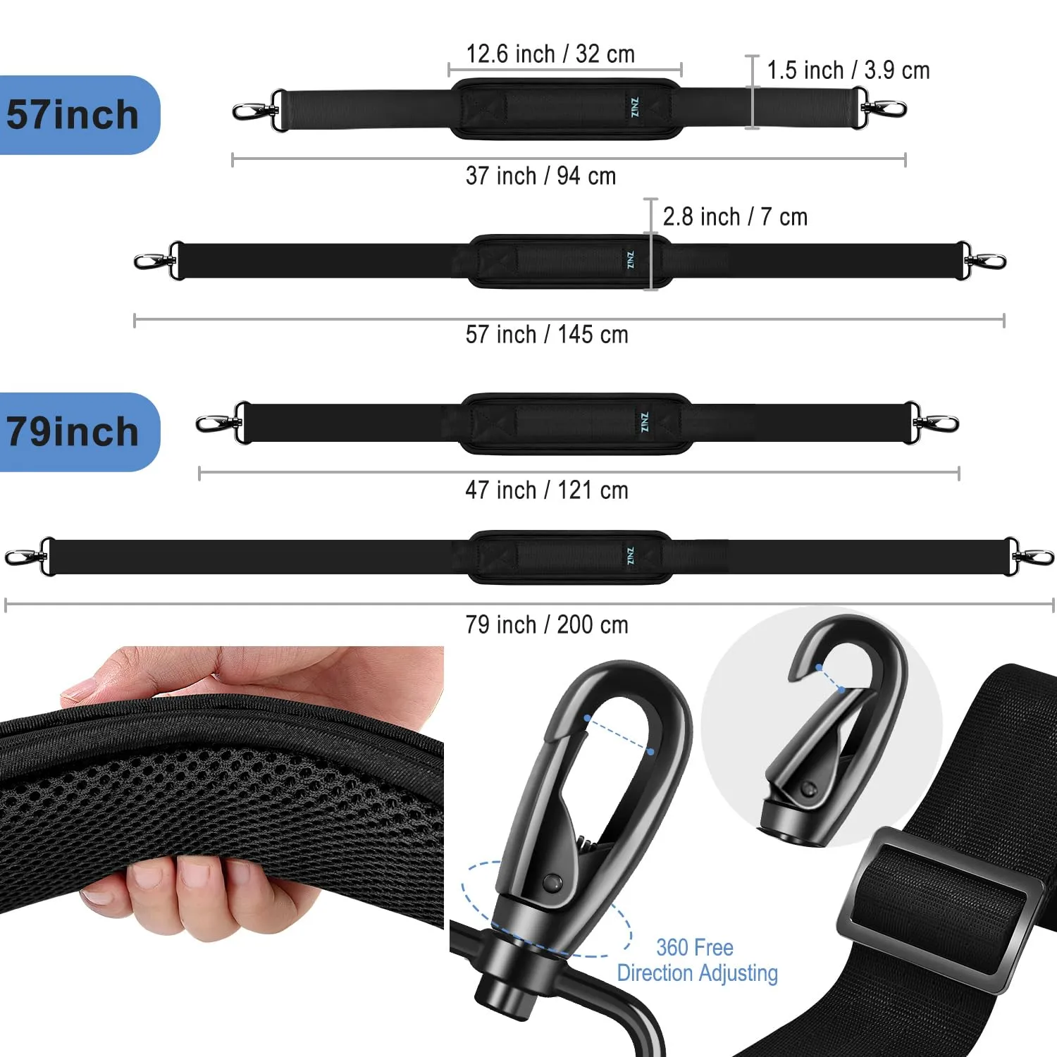 ZINZ Cinturino Regolabile con Imbottitura Fissa, 200cm, Nero - immagine 2