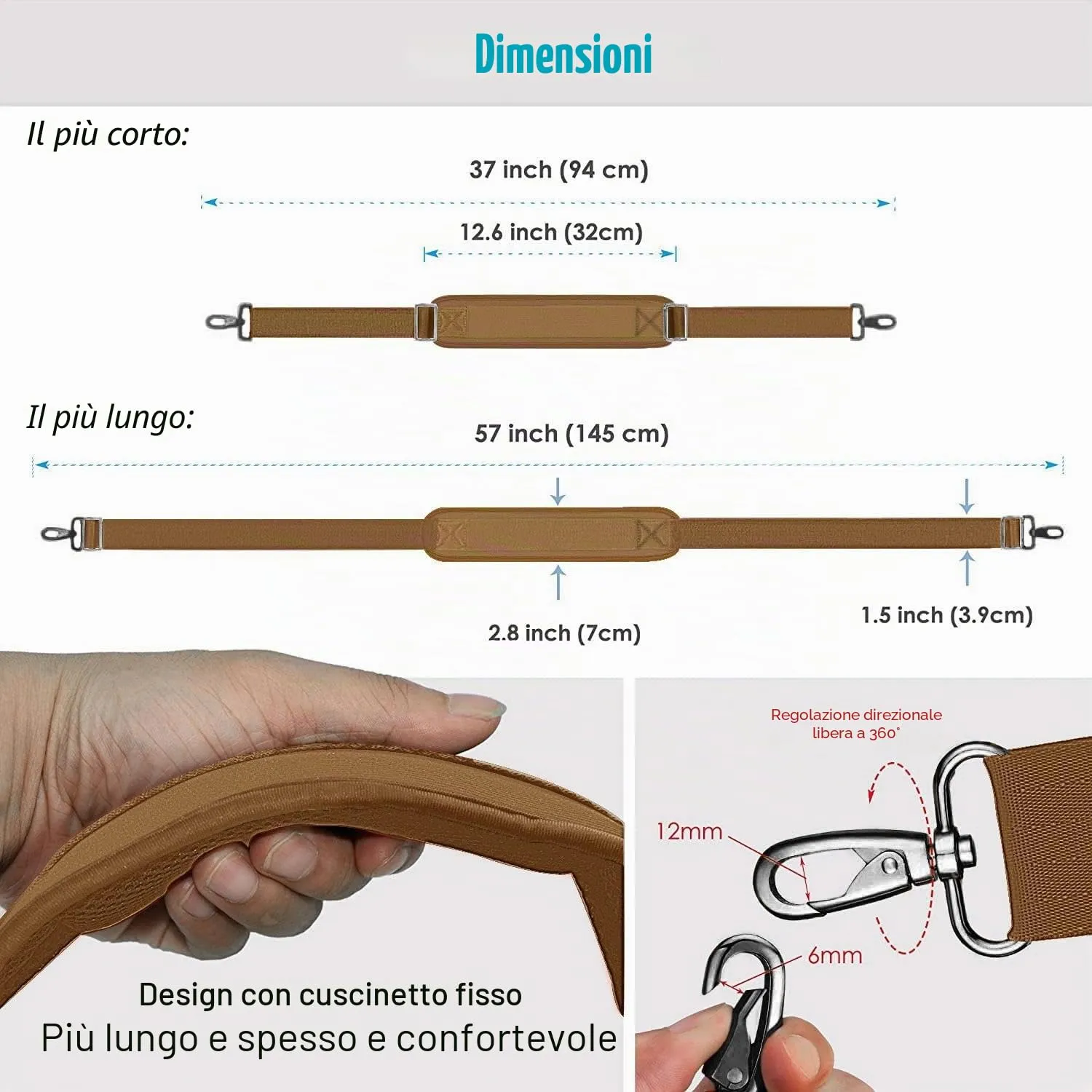 ZINZ Cinturino Regolabile con Imbottitura Fissa, 57", Kaki Scuro - immagine 2