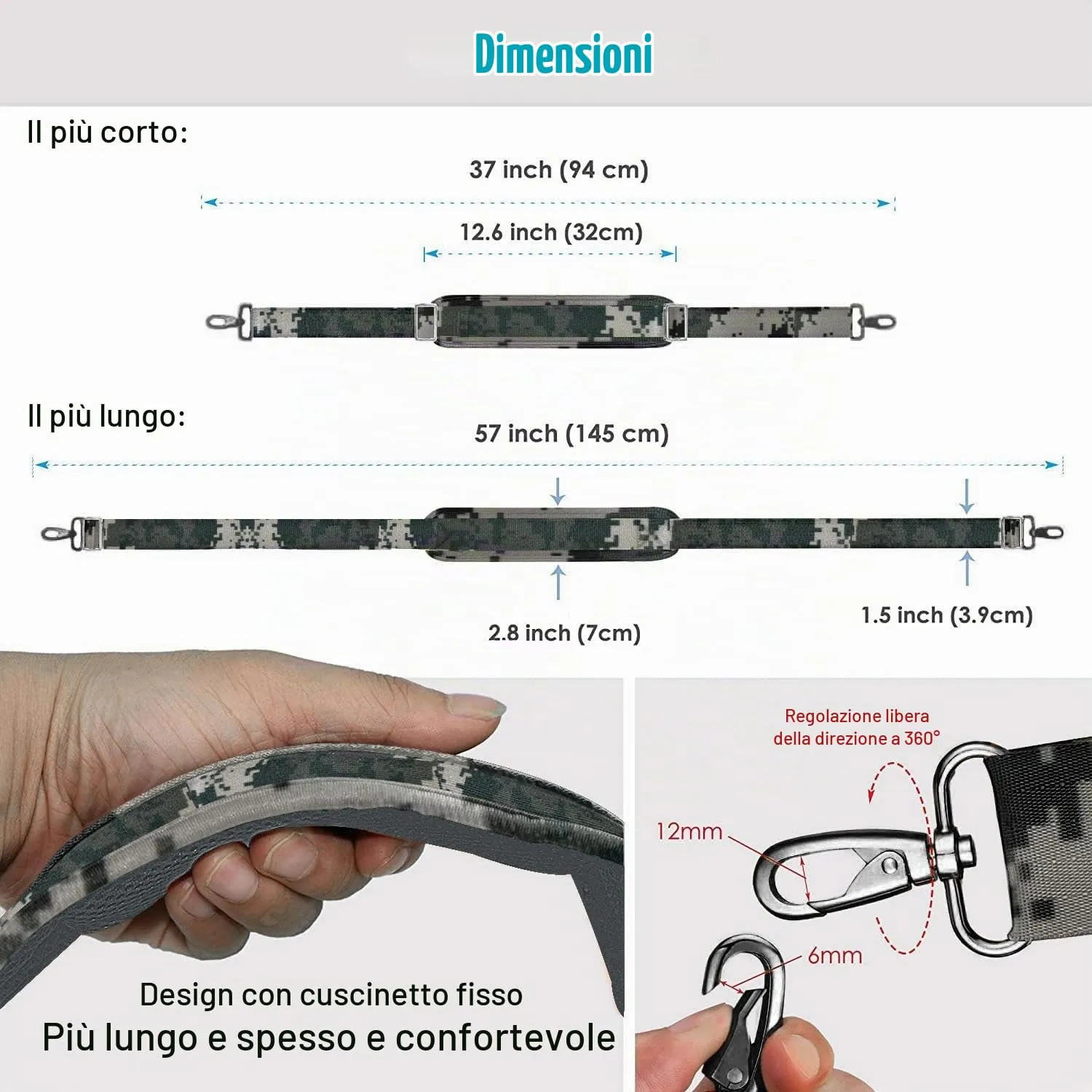 ZINZ Cinturino Regolabile con Imbottitura Fissa, 57", Grigio Mimetico - immagine 2