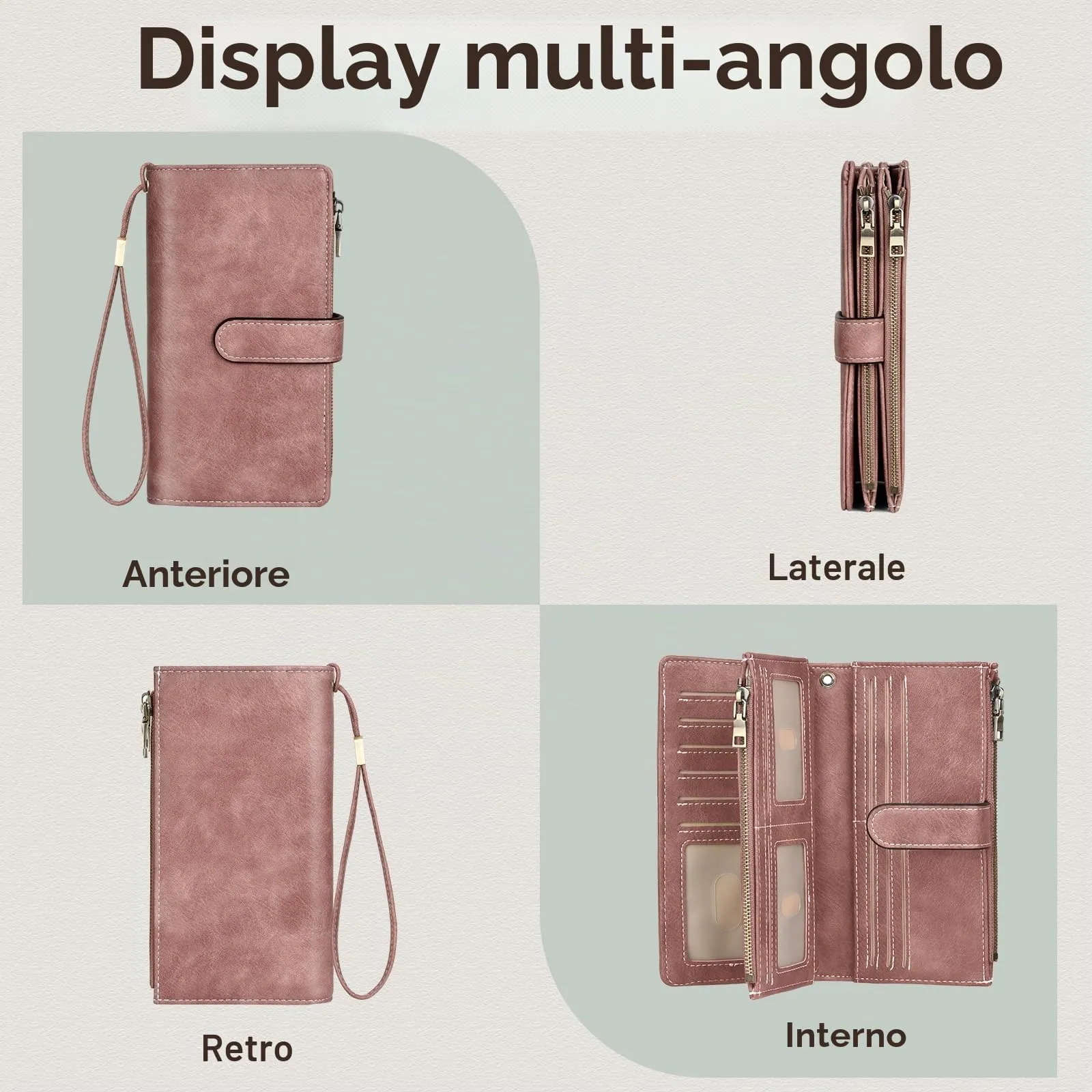 VOBUKE Portafoglio Donna in Pelle Vintage con Blocco RFID, 16 Porta Carte, 5 Scomparti Banconote, Cerniera e Tracolla Staccabile - immagine 7