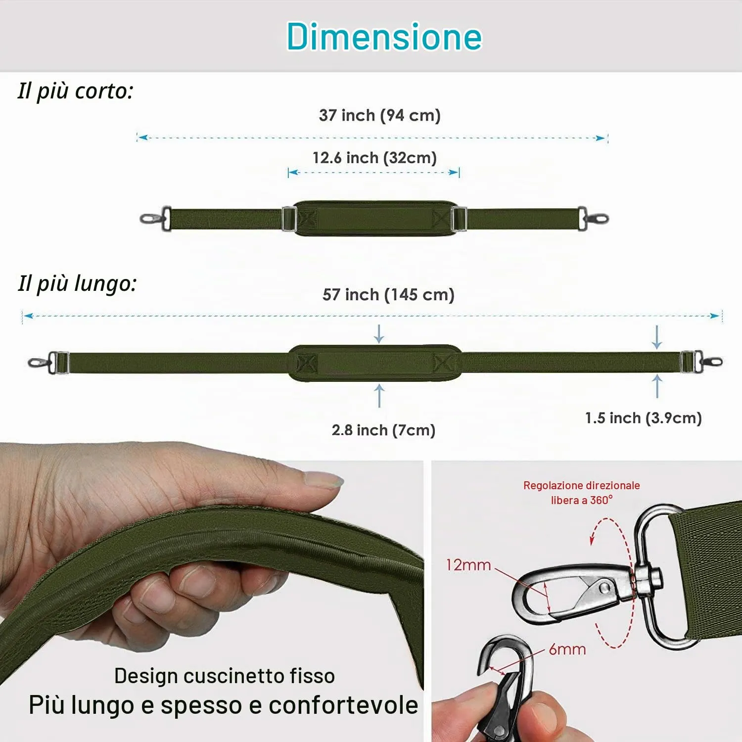 ZINZ Cinturino Regolabile con Imbottitura Fissa, 57", Verde Militare - immagine 2