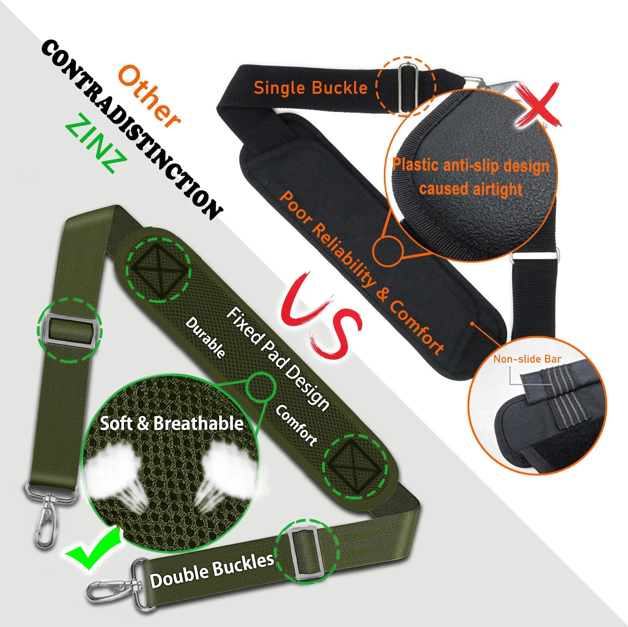ZINZ Cinturino Regolabile con Imbottitura Fissa, 57", Verde Militare - immagine 5