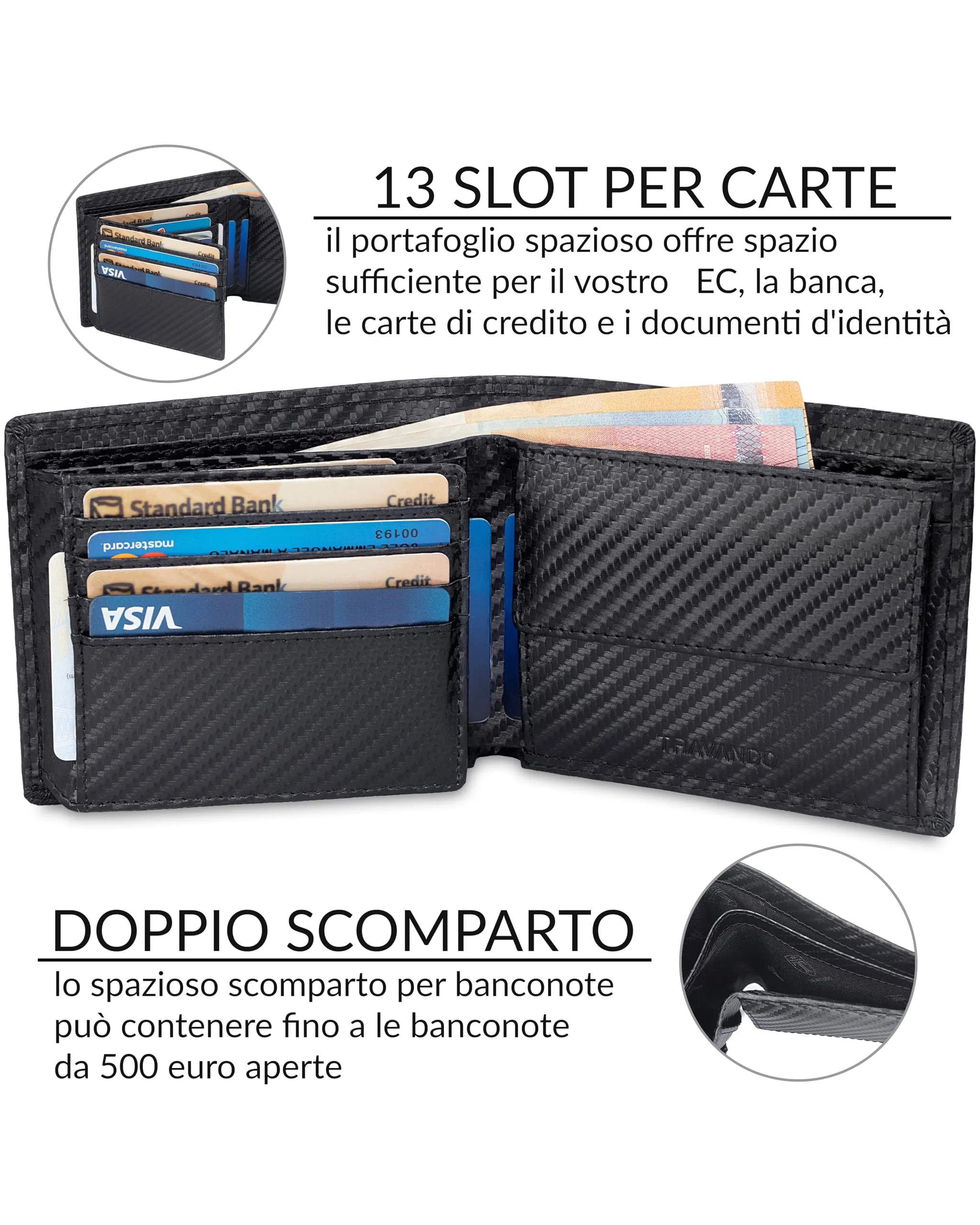 TRAVANDO Oslo Portafoglio Uomo Verticale RFID Nero Carbonio - immagine 2