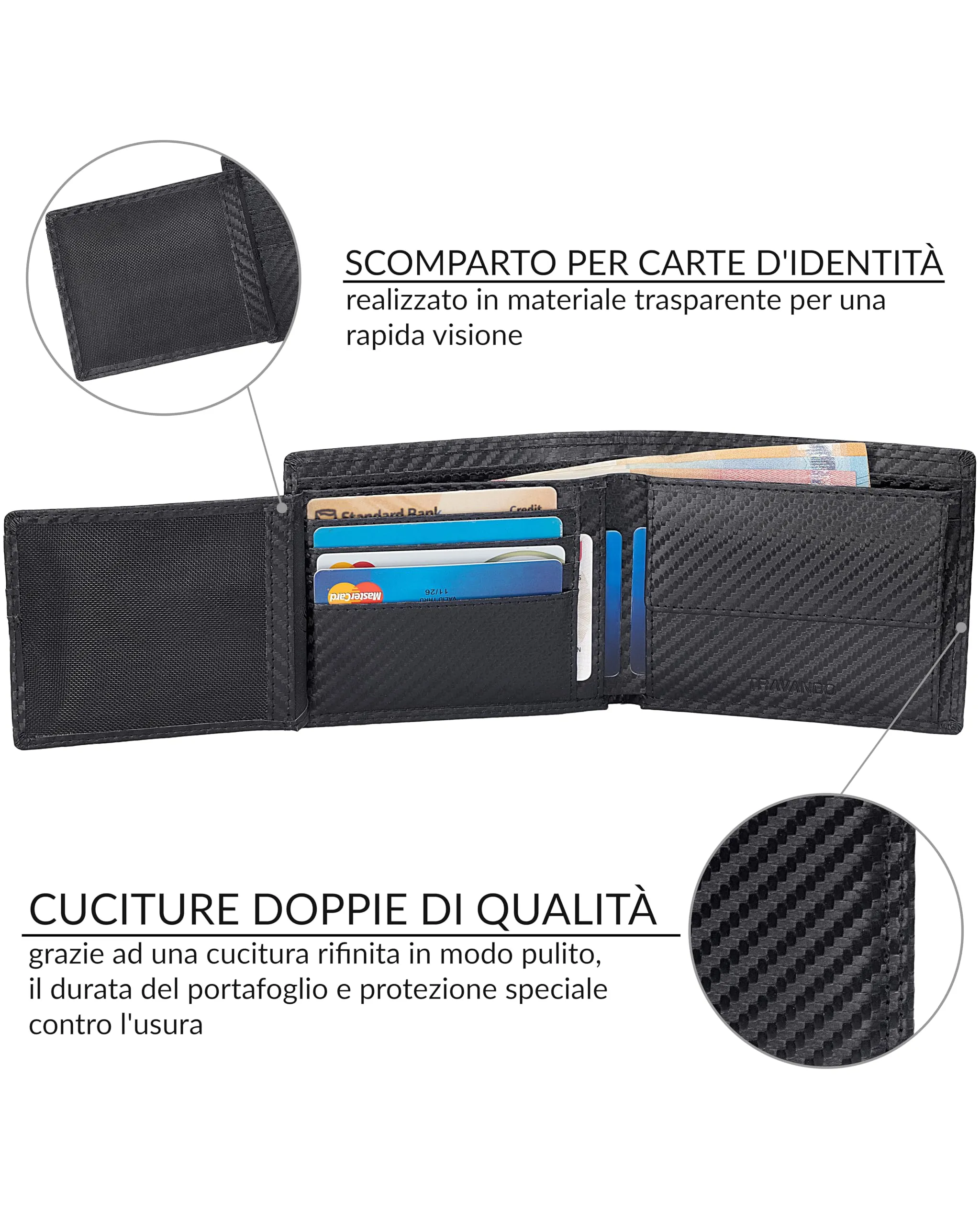 TRAVANDO Oslo Portafoglio Uomo Verticale RFID Nero Carbonio - immagine 3