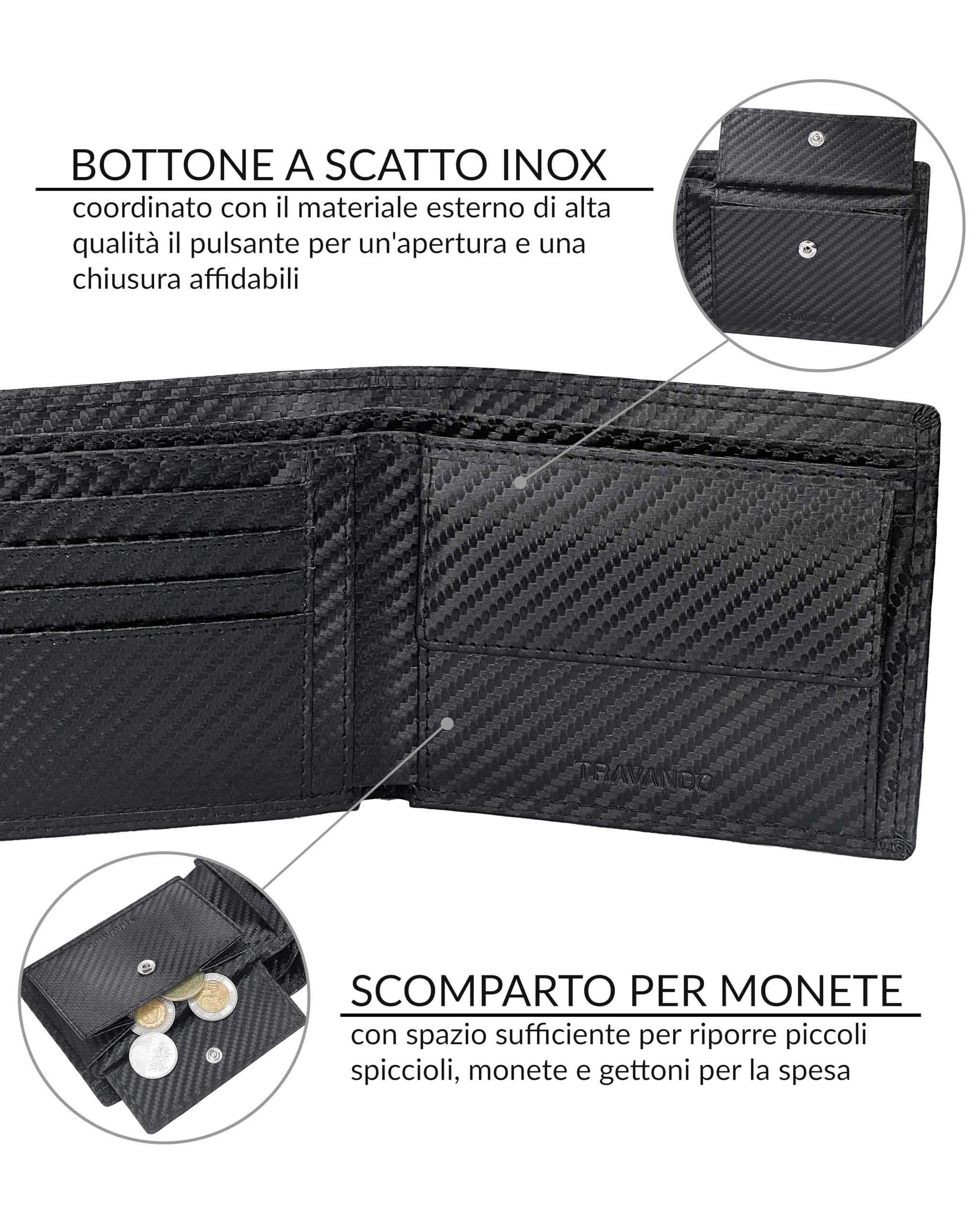 TRAVANDO Oslo Portafoglio Uomo Verticale RFID Nero Carbonio - immagine 4