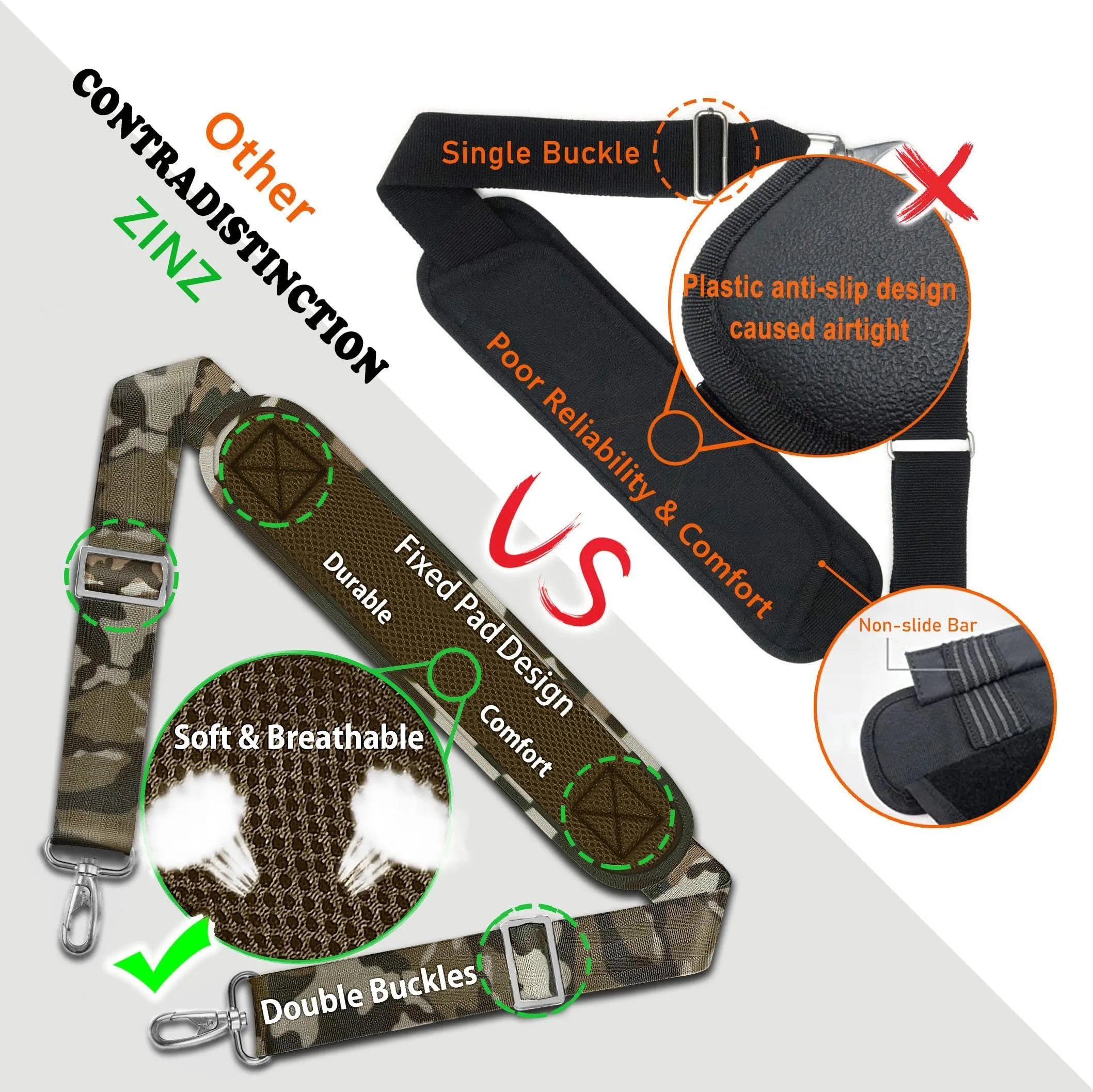 ZINZ Cinturino Regolabile con Imbottitura Fissa, 57", Verde Mimetico - immagine 5