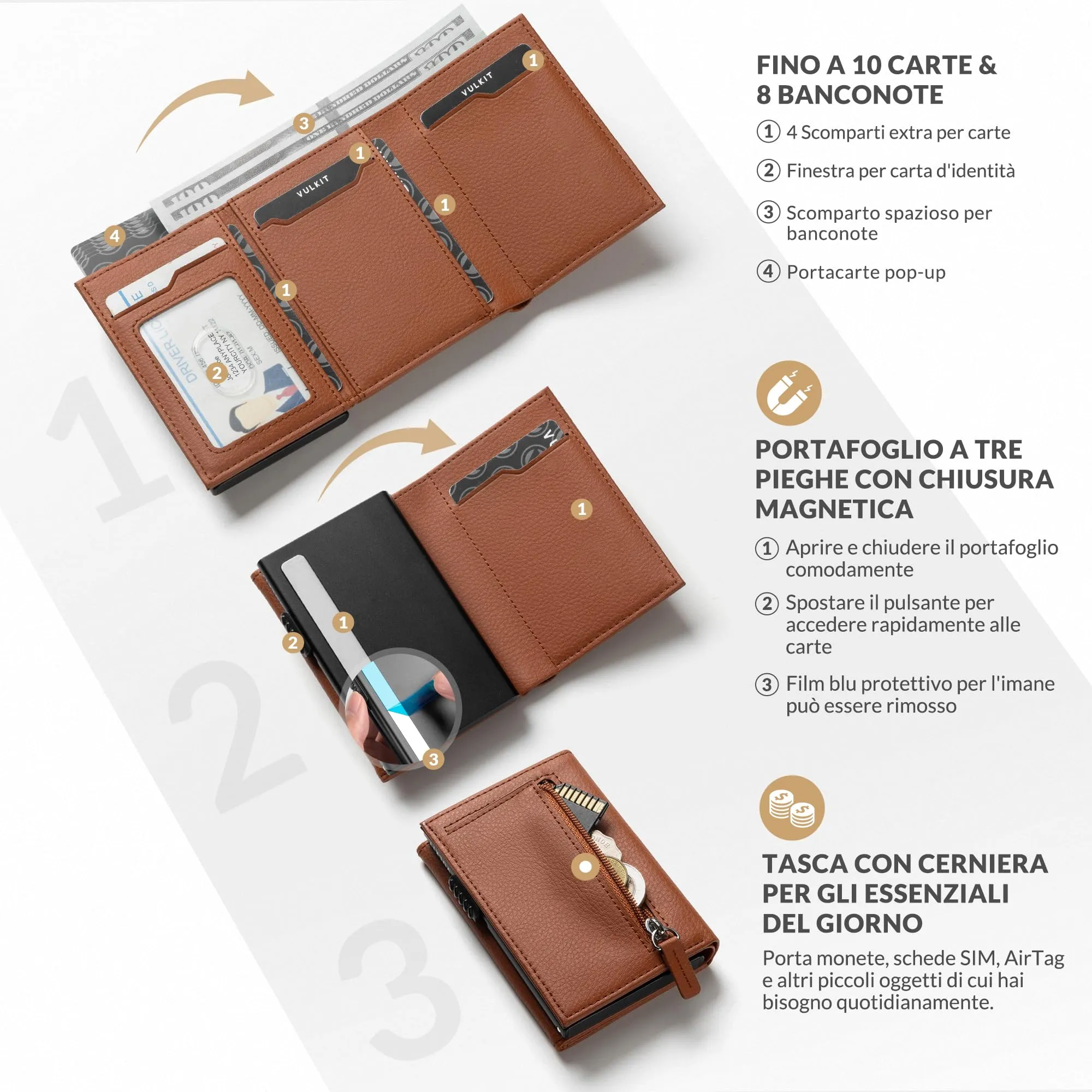 VULKIT Portafoglio Slim in Pelle con Protezione RFID e Porta Monete, VC302 - immagine 2