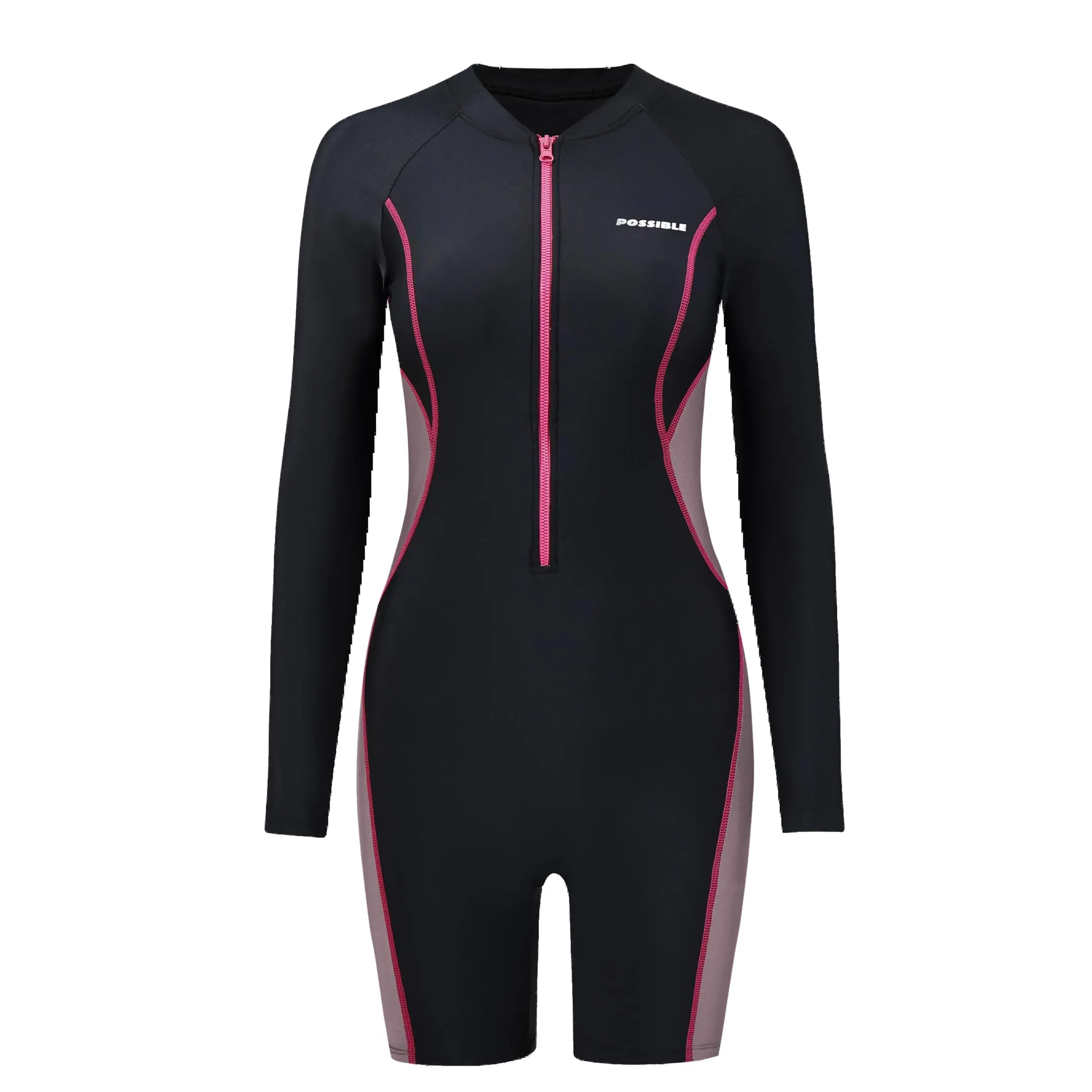 BEACHKINI Costume Intero Donna Maniche Lunghe con Zip, Nero Rosa, XL - immagine 5