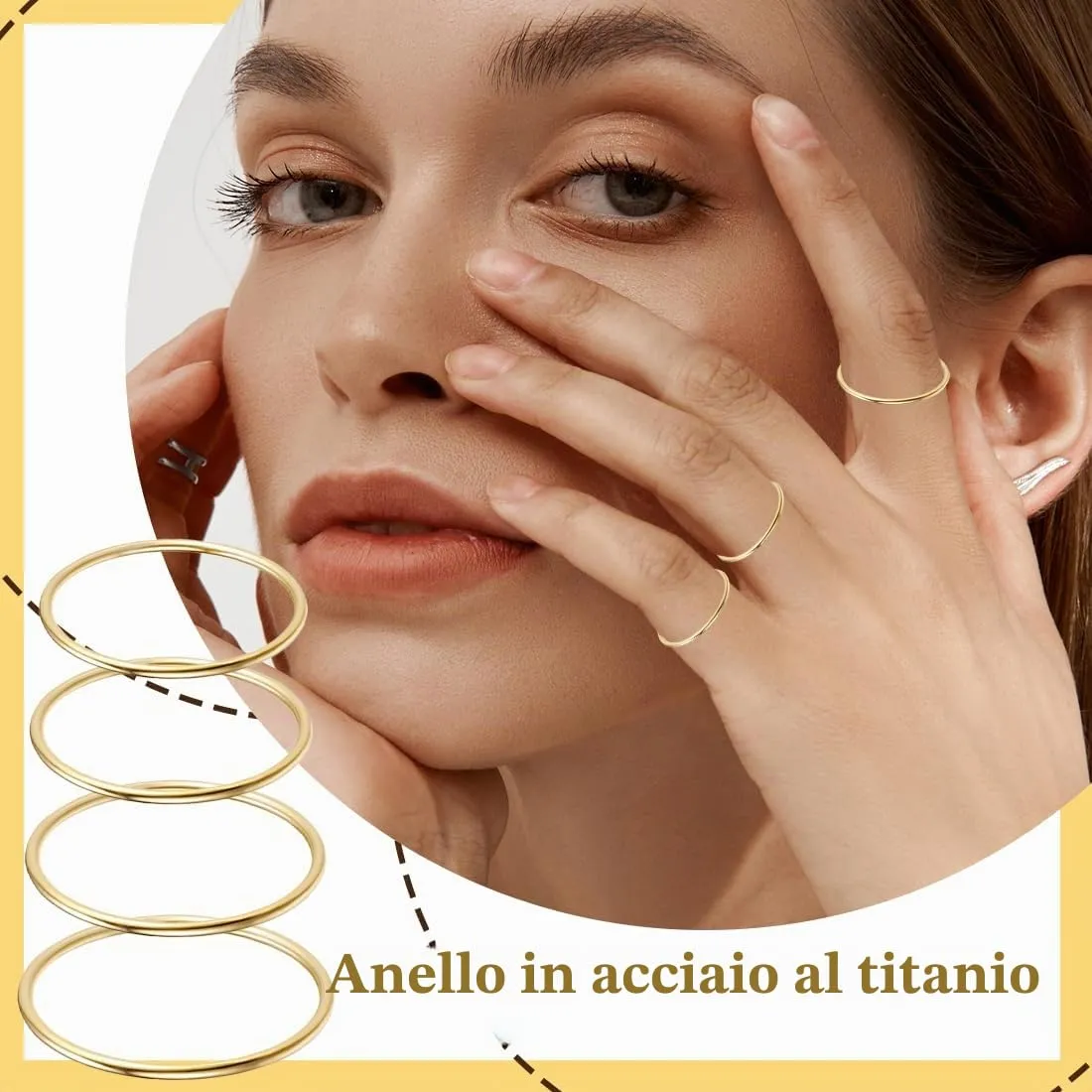 DOKRIN Set da 7 anelli impilabili da donna in acciaio inossidabile placcato in oro 14K, 1 mm, misure 4-10 - immagine 5