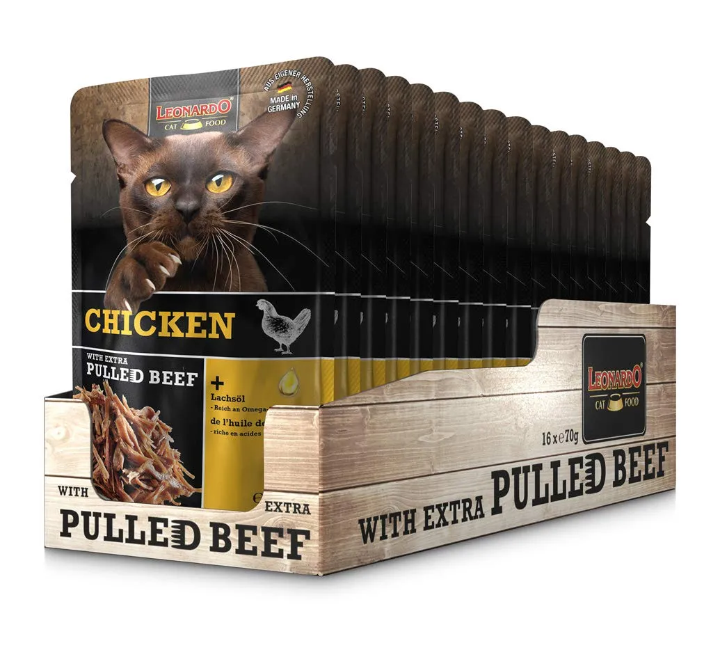 Leonardo Cibo Umido per Gatti senza Cereali, Pollo con Straccetti di Carne di Manzo, 16x70g - immagine 1