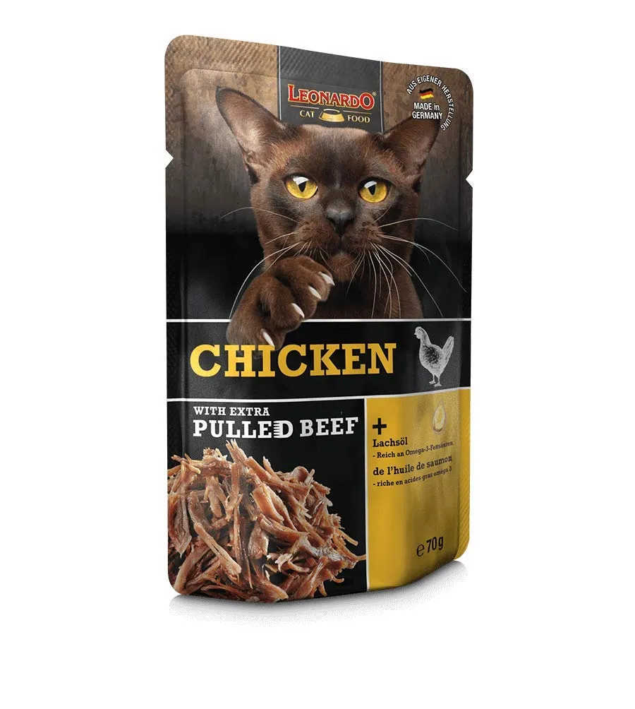 Leonardo Cibo Umido per Gatti senza Cereali, Pollo con Straccetti di Carne di Manzo, 16x70g - immagine 2