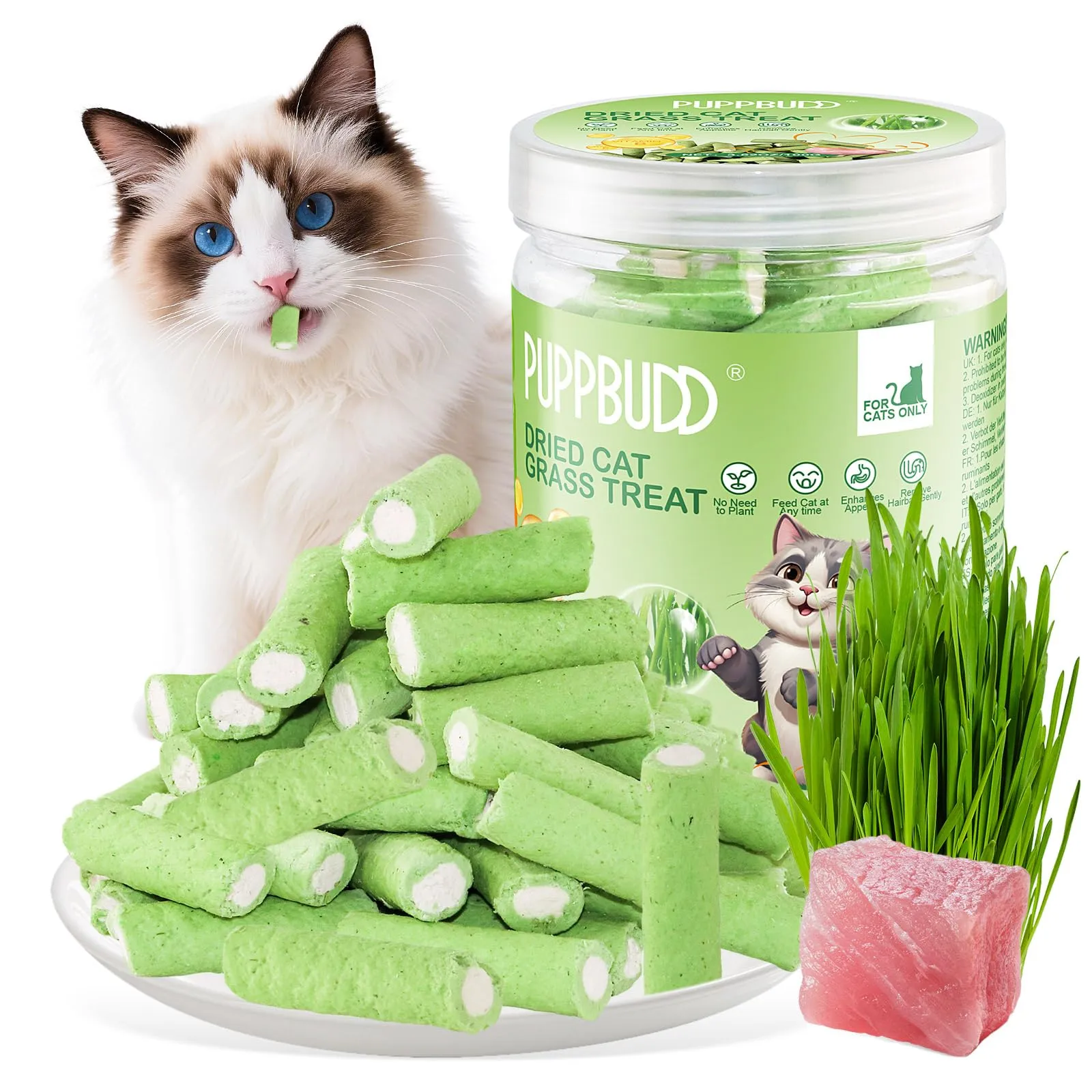 PUPPBUDD Bastoncini di Erba e Pollo per Gatti, Snack Liofilizzato per la Pulizia dei Denti, 100g - immagine 1