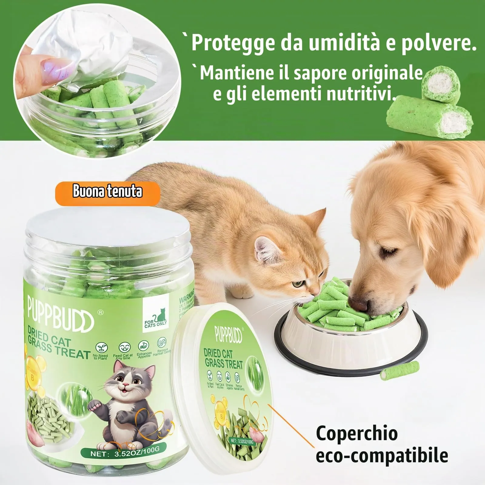 PUPPBUDD Bastoncini di Erba e Pollo per Gatti, Snack Liofilizzato per la Pulizia dei Denti, 100g - immagine 5