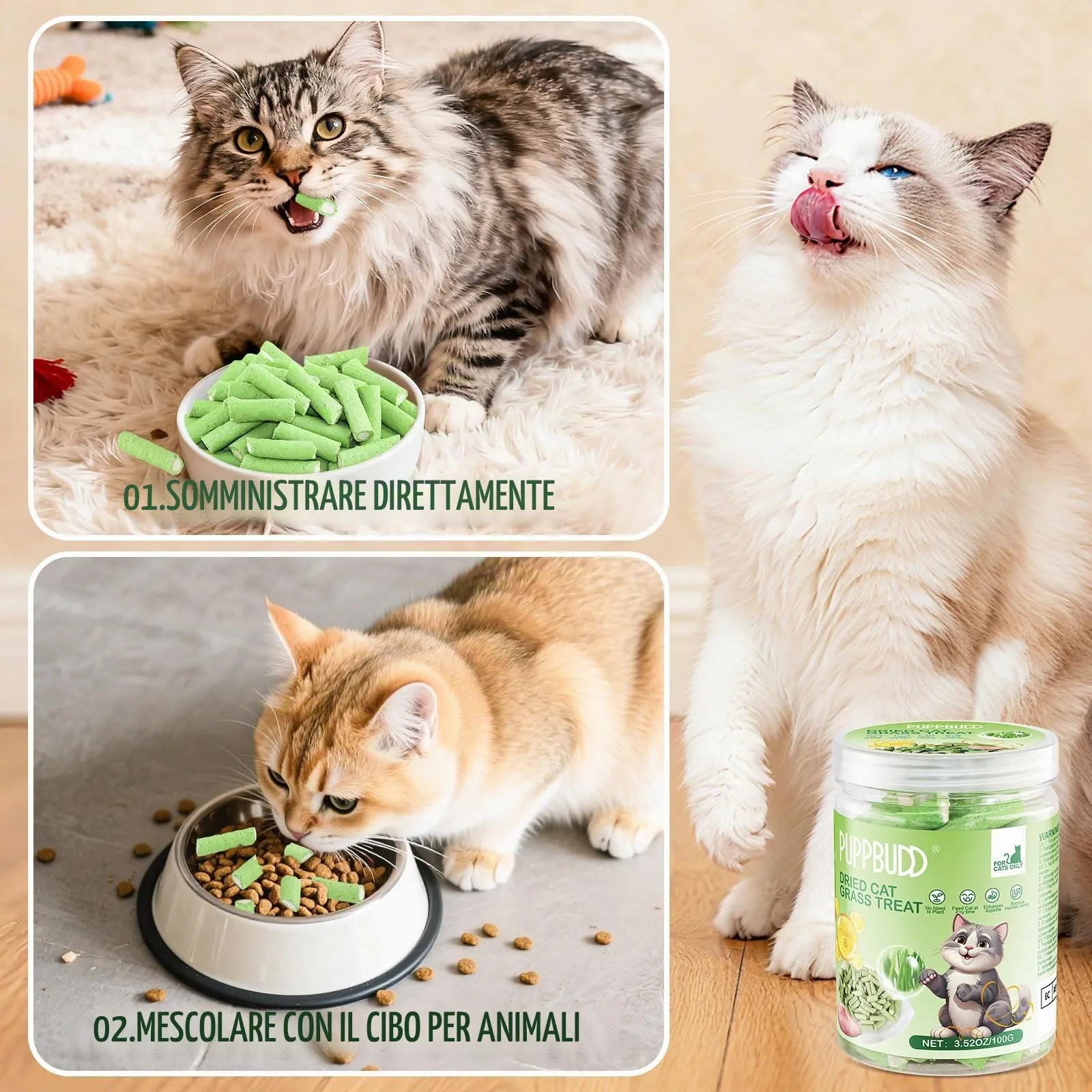 PUPPBUDD Bastoncini di Erba e Pollo per Gatti, Snack Liofilizzato per la Pulizia dei Denti, 100g - immagine 8