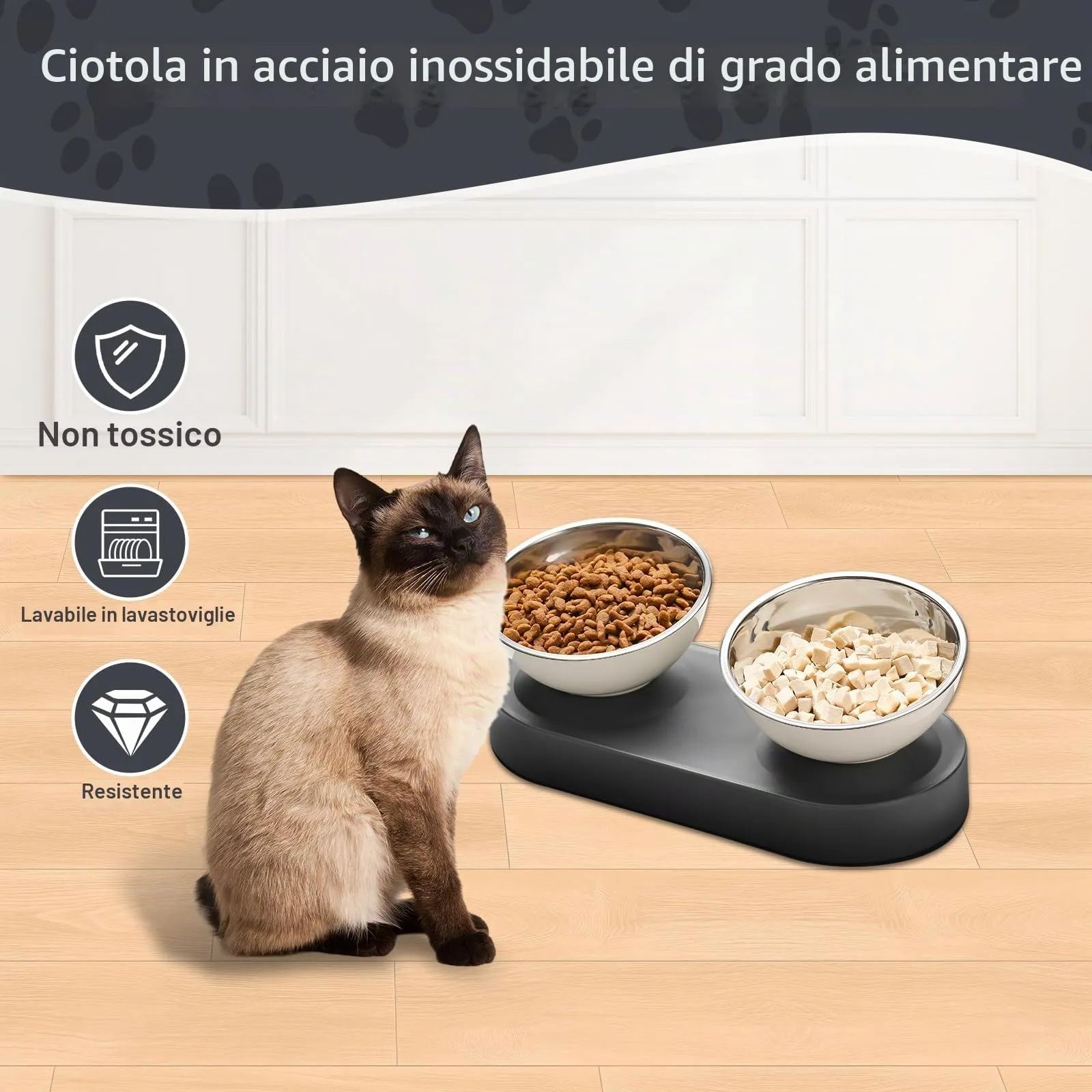 Marchul Ciotole per Gatti e Cani di Piccola Taglia in Acciaio Inox, Supporto Rialzato con Inclinazione a 15°, Doppia Ciotola per Cibo e Acqua - immagine 3
