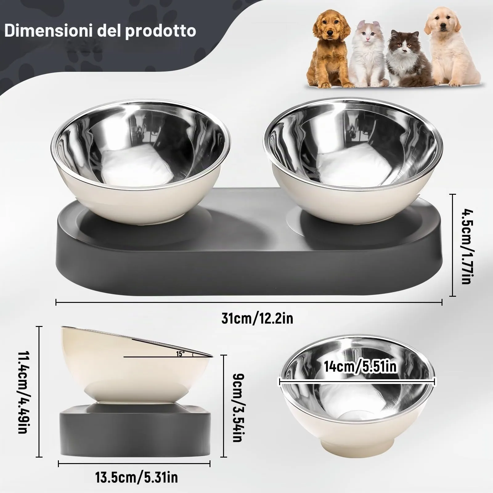 Marchul Ciotole per Gatti e Cani di Piccola Taglia in Acciaio Inox, Supporto Rialzato con Inclinazione a 15°, Doppia Ciotola per Cibo e Acqua - immagine 7