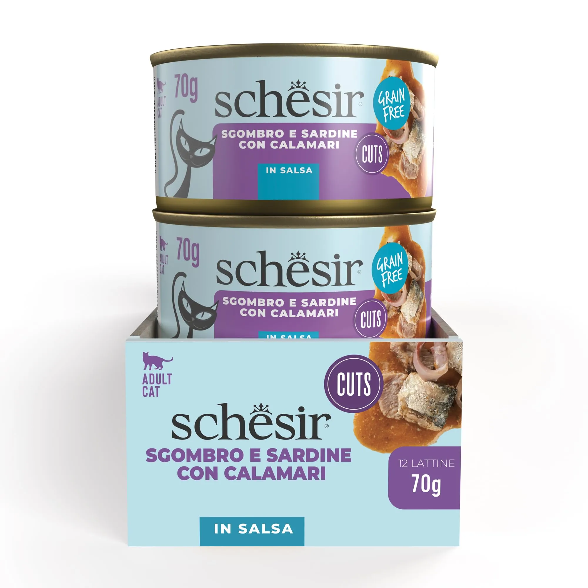 Schesir Trancetti di Sgombro e Sardine con Calamari, Alimento Umido Complementare per Gatti, 12 lattine da 70g - immagine 3