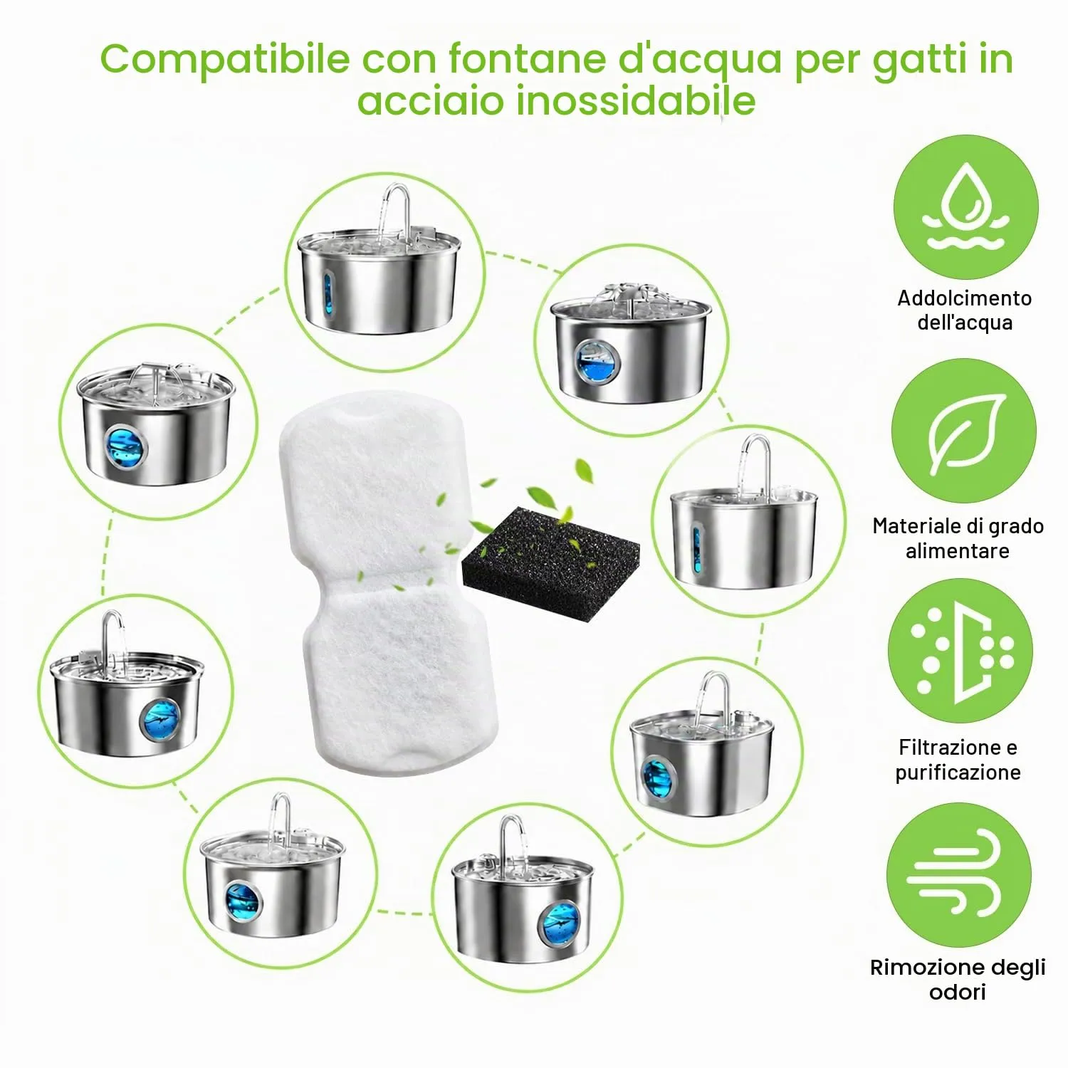 puiaxod Filtri di Ricambio per Fontanelle per Gatti in Acciaio Inossidabile, 16 Filtri a Carbone Attivo e 16 Spugne - immagine 7