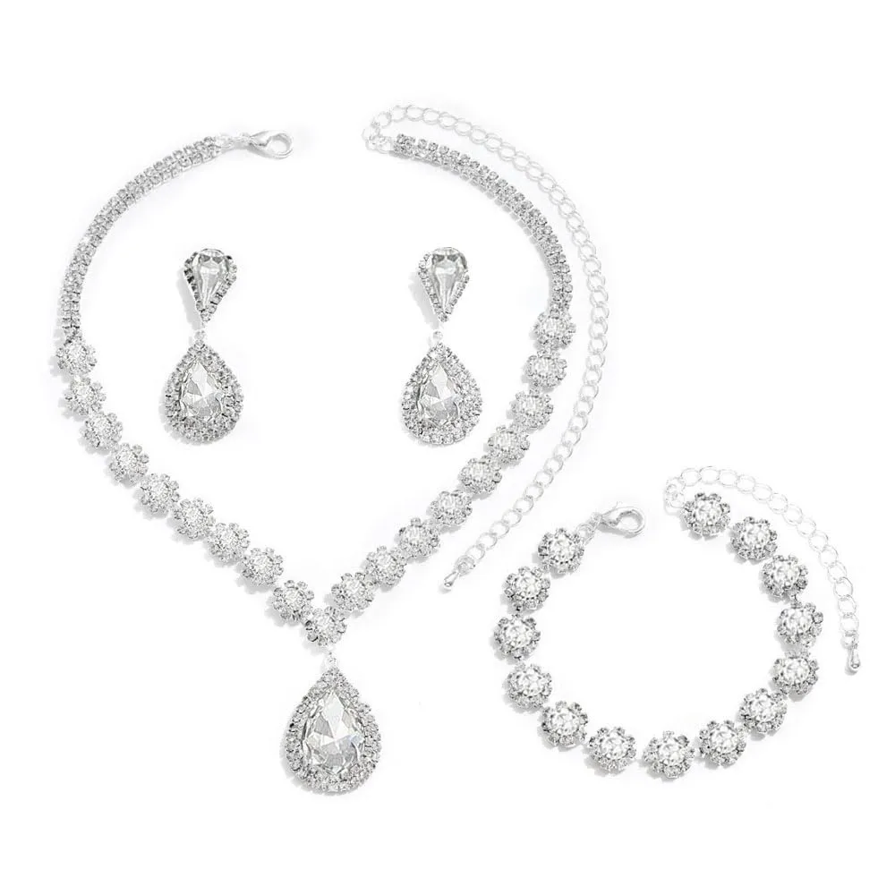 FDEETY Set di Gioielli da Sposa con Strass, Collana, Braccialetti e Orecchini - Argento - immagine 1