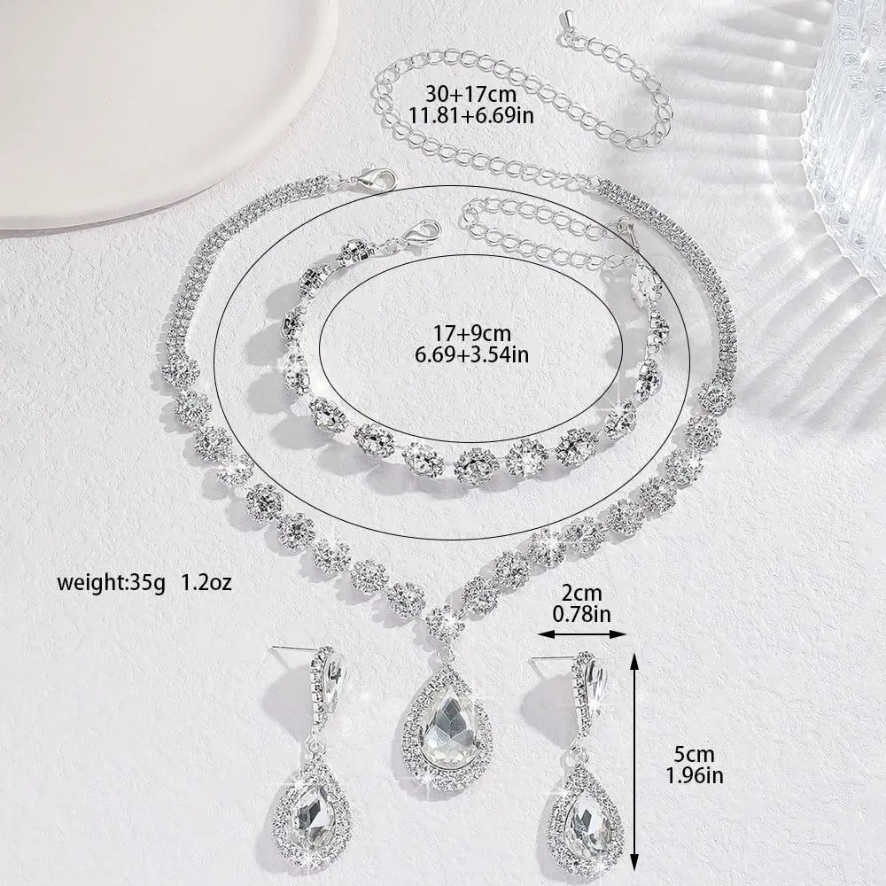 FDEETY Set di Gioielli da Sposa con Strass, Collana, Braccialetti e Orecchini - Argento - immagine 2