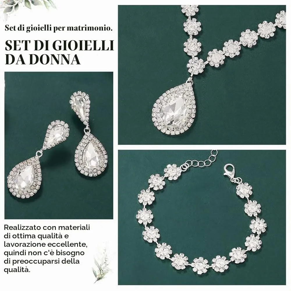 FDEETY Set di Gioielli da Sposa con Strass, Collana, Braccialetti e Orecchini - Argento - immagine 3