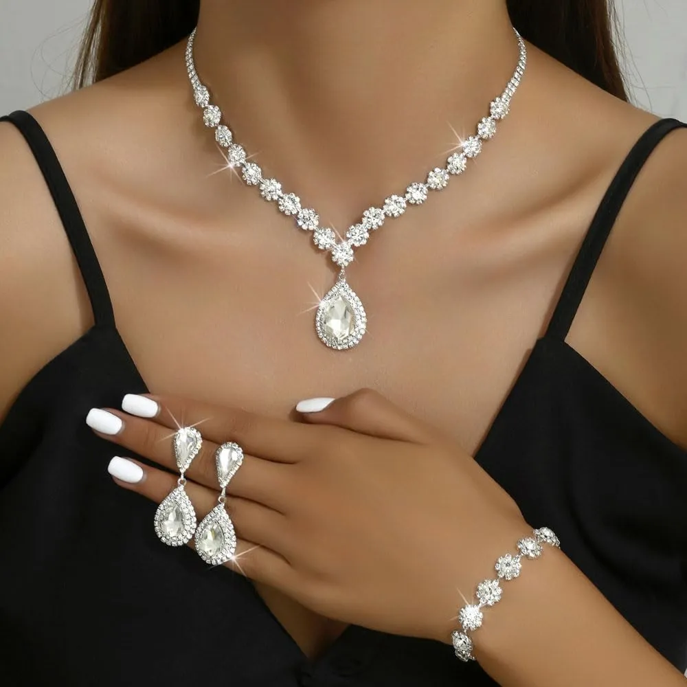 FDEETY Set di Gioielli da Sposa con Strass, Collana, Braccialetti e Orecchini - Argento - immagine 4