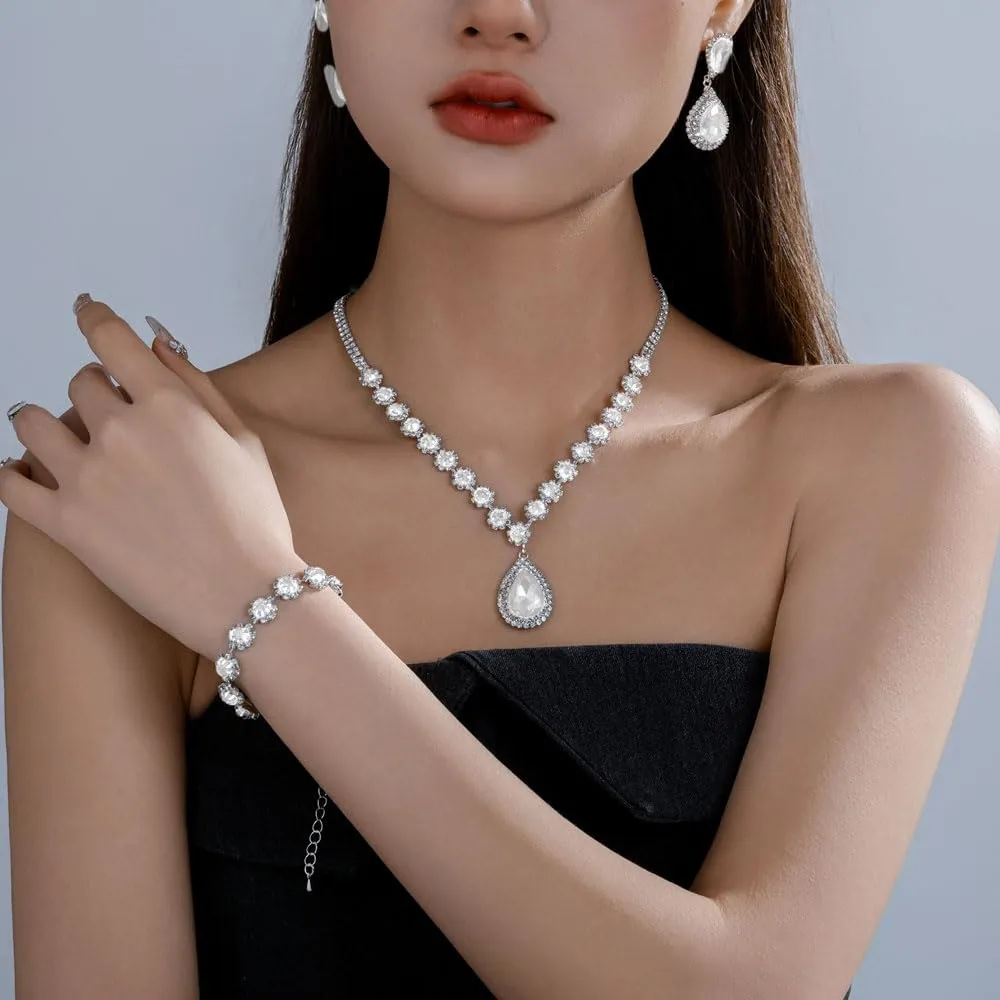 FDEETY Set di Gioielli da Sposa con Strass, Collana, Braccialetti e Orecchini - Argento - immagine 5
