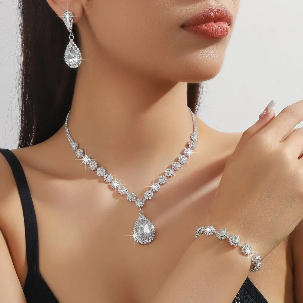 FDEETY Set di Gioielli da Sposa con Strass, Collana, Braccialetti e Orecchini - Argento - immagine 6