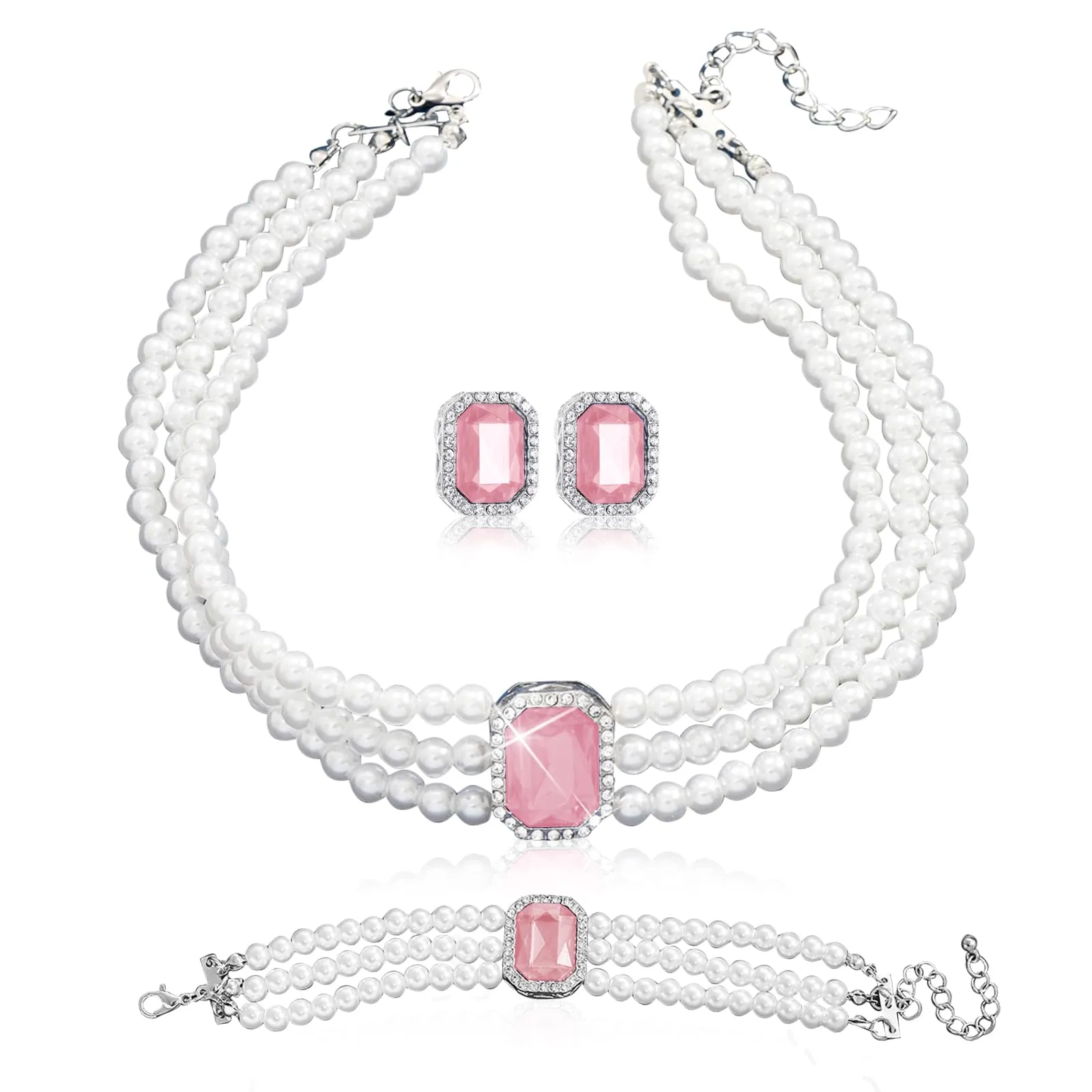 LjFrexia Set di Gioielli con Perle e Cristalli Rosa, Collana Multifila, Bracciale e Orecchini - immagine 1