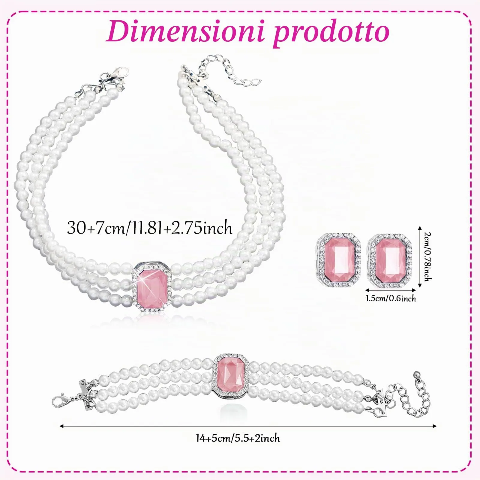 LjFrexia Set di Gioielli con Perle e Cristalli Rosa, Collana Multifila, Bracciale e Orecchini - immagine 2
