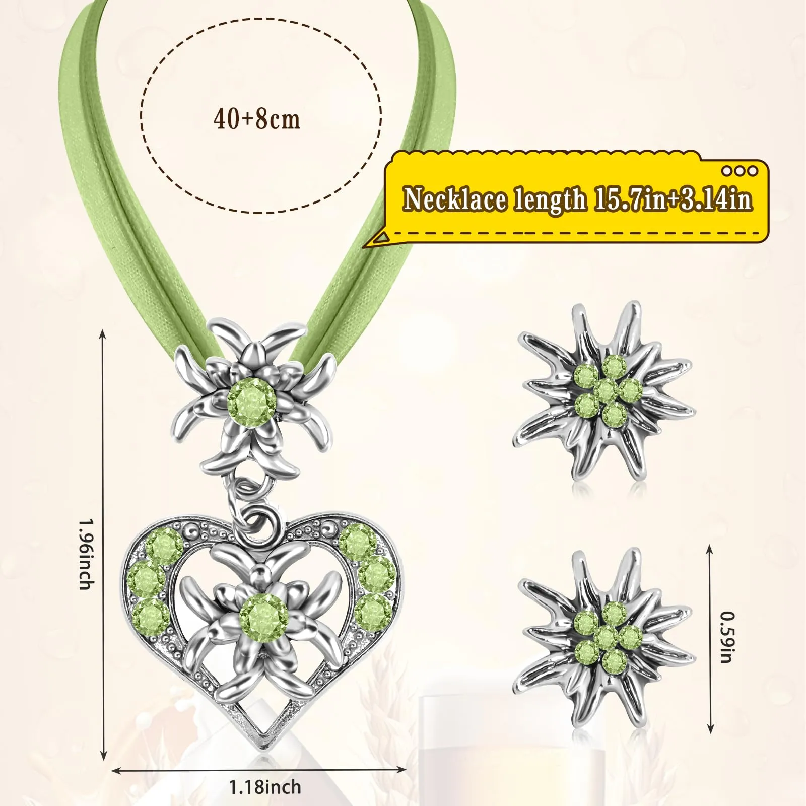 MAOSHYMS Gioielli Bavaresi Tradizionali, Parure con Ciondolo a Forma di Stella Alpina per Donna, Verde - immagine 2