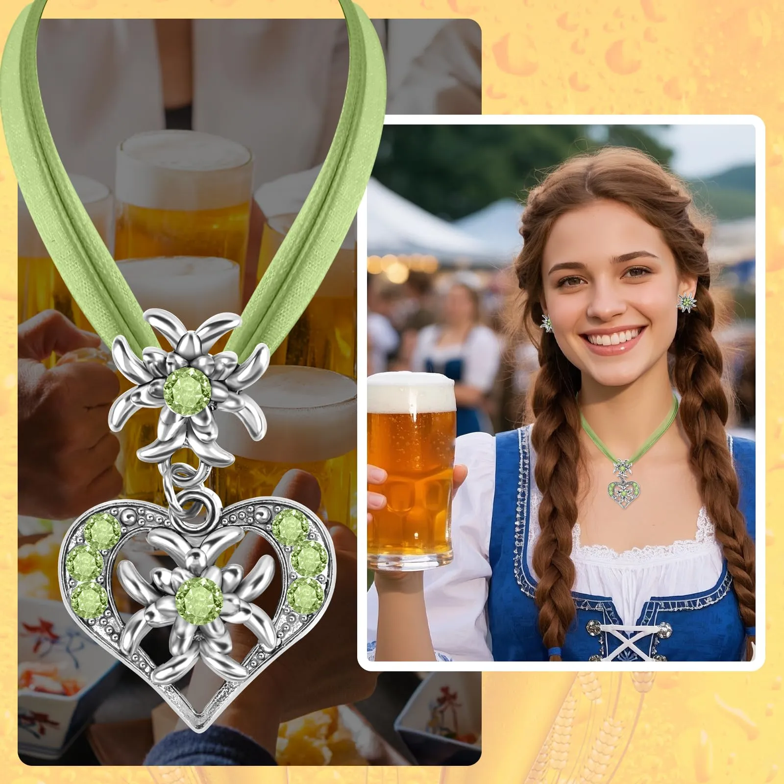 MAOSHYMS Gioielli Bavaresi Tradizionali, Parure con Ciondolo a Forma di Stella Alpina per Donna, Verde - immagine 3