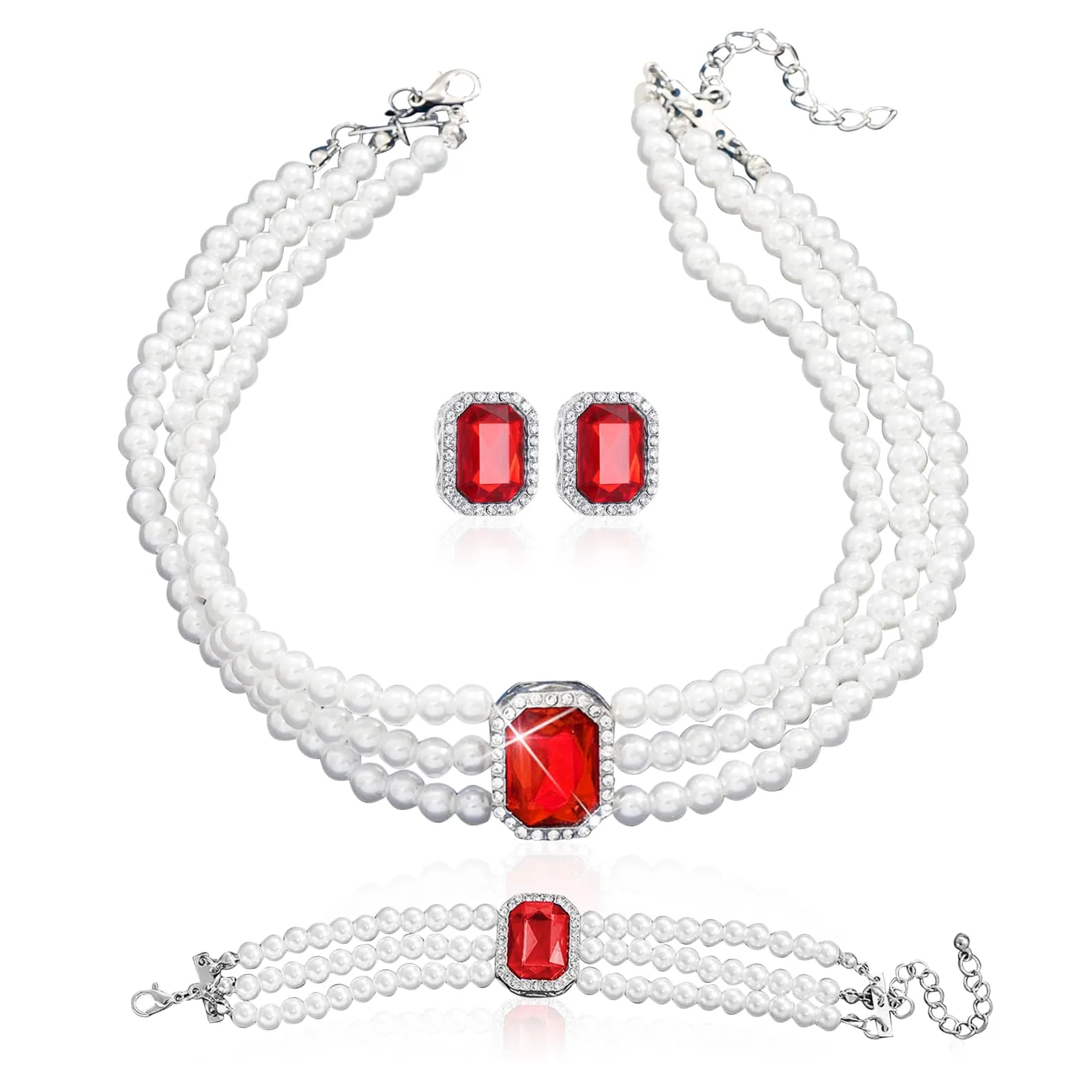 LjFrexia Set di Gioielli con Perle e Cristalli Rosso, Collana Choker Multifila, Braccialetto e Orecchini - immagine 1