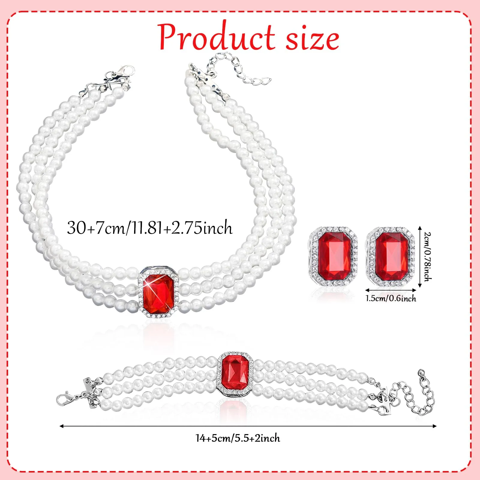 LjFrexia Set di Gioielli con Perle e Cristalli Rosso, Collana Choker Multifila, Braccialetto e Orecchini - immagine 2