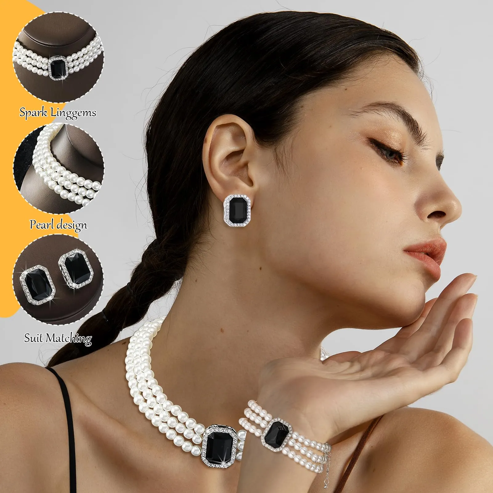 LjFrexia Set di Gioielli con Perle e Cristalli Rosso, Collana Choker Multifila, Braccialetto e Orecchini - immagine 3