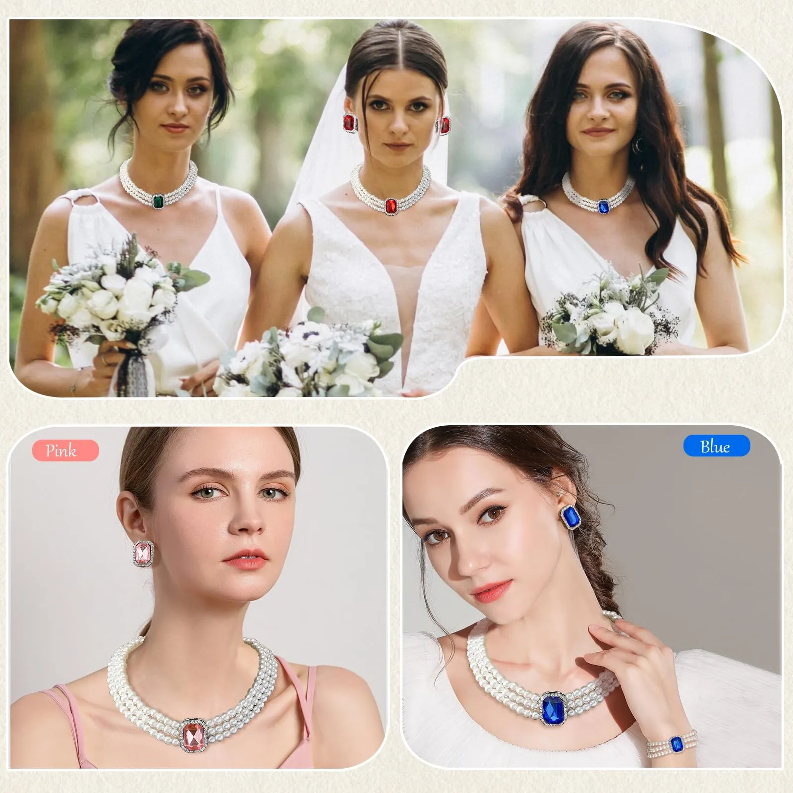 LjFrexia Set di Gioielli con Perle e Cristalli Rosso, Collana Choker Multifila, Braccialetto e Orecchini - immagine 5