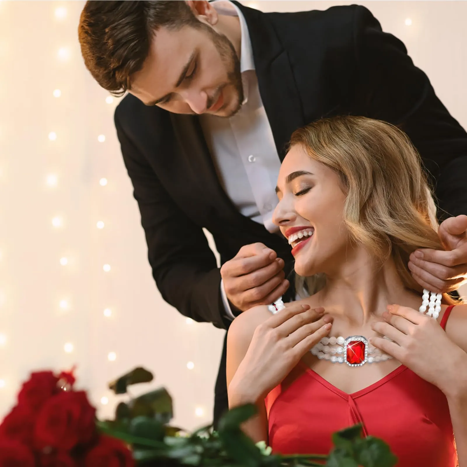 LjFrexia Set di Gioielli con Perle e Cristalli Rosso, Collana Choker Multifila, Braccialetto e Orecchini - immagine 7