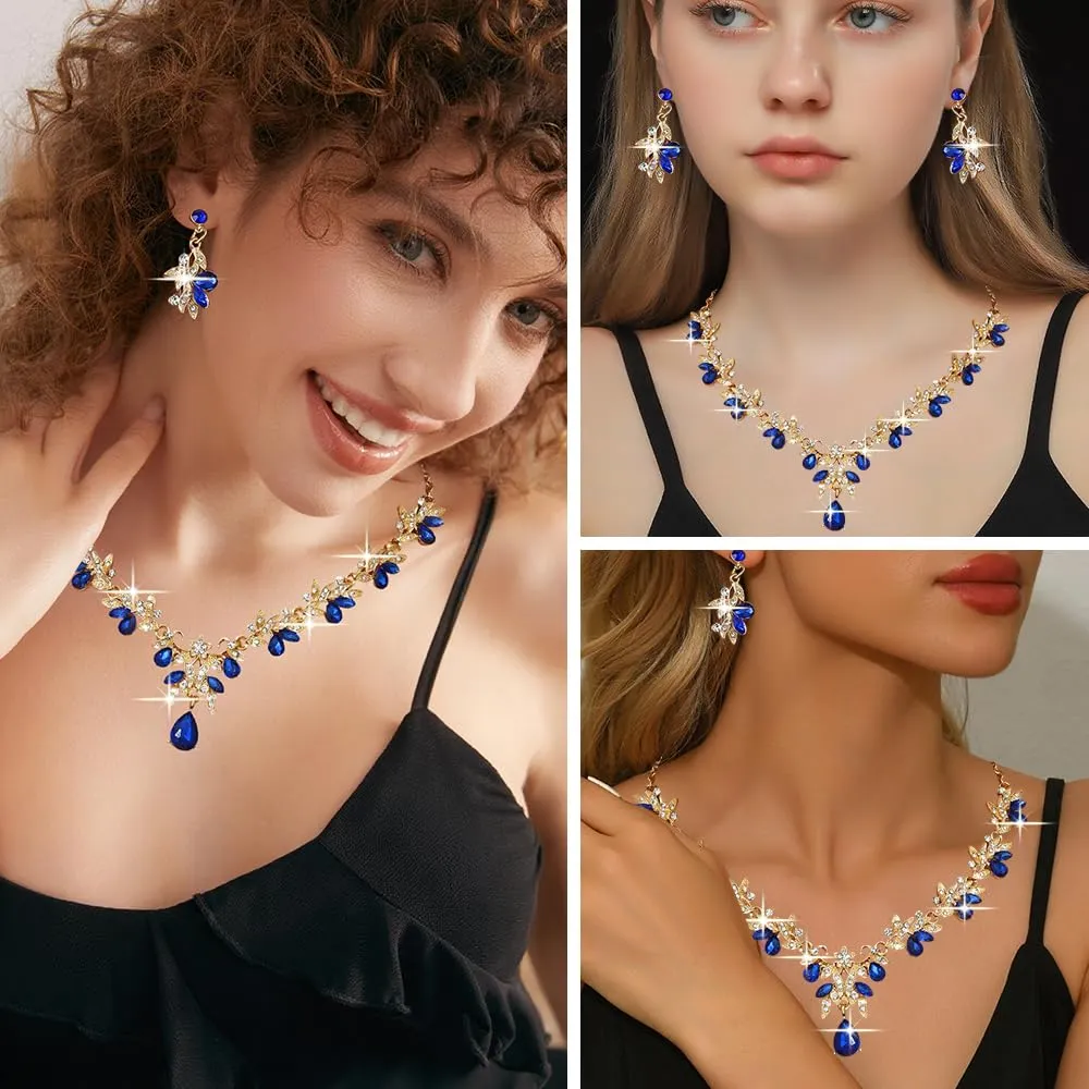 XFSRG Parure Gioielli Donna con Collana, Orecchini e Bracciale in Cristallo Strass (Blu Oro) - immagine 7
