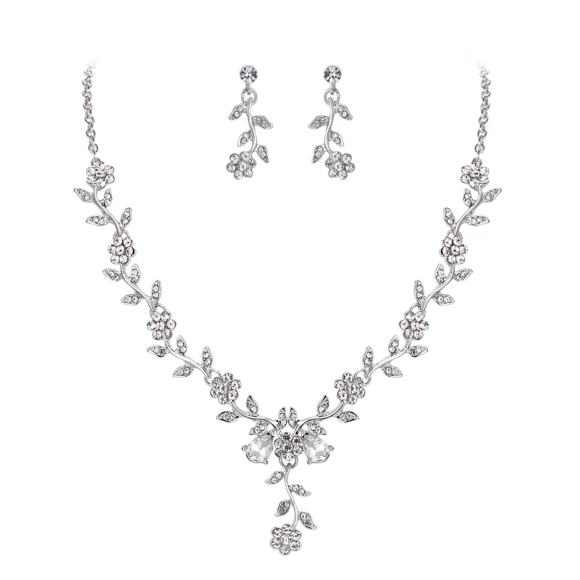 Clearine Set di gioielli per matrimonio da donna con cristalli a foglia e fiore, collana e orecchini, Trasparente Argento-fondo - immagine 1