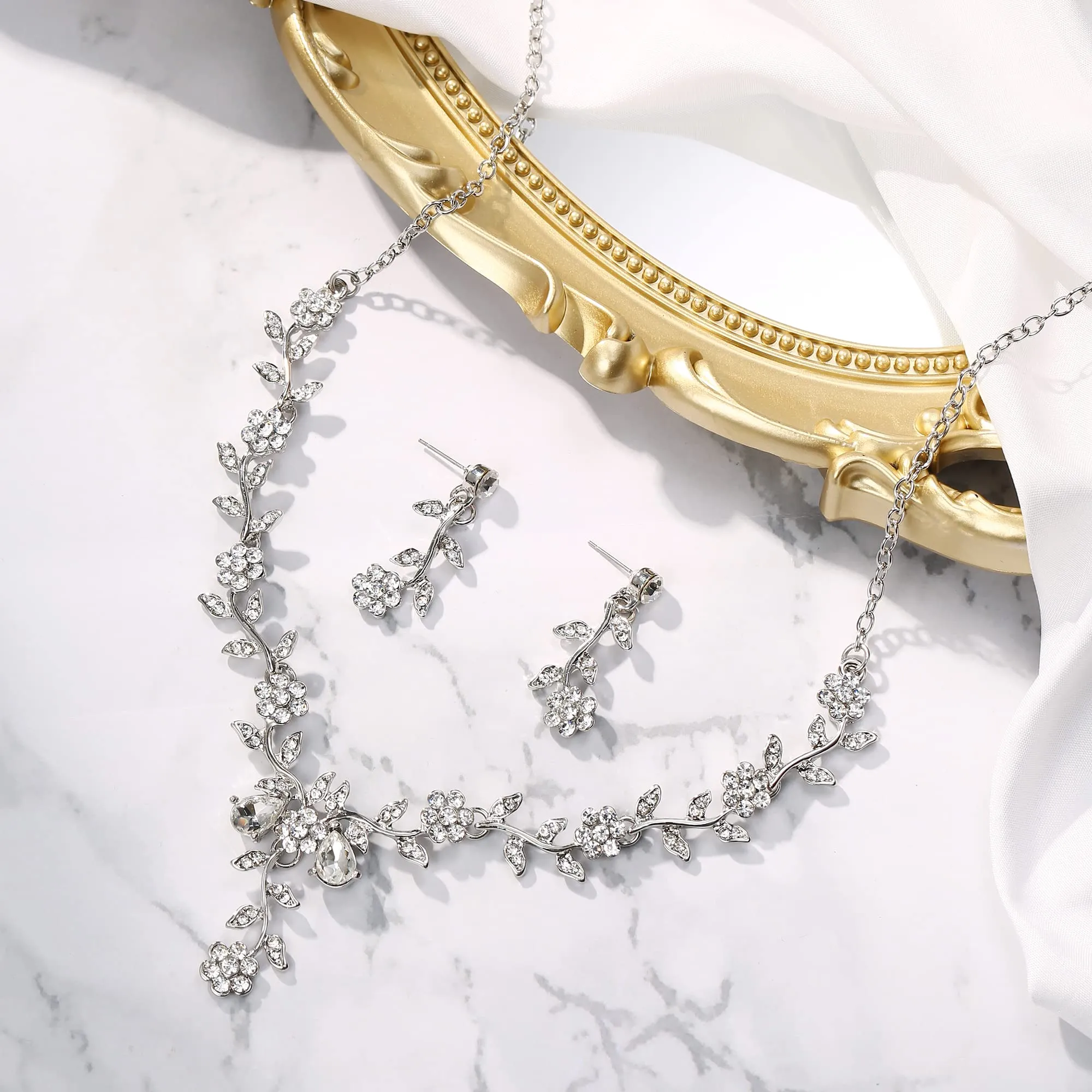 Clearine Set di gioielli per matrimonio da donna con cristalli a foglia e fiore, collana e orecchini, Trasparente Argento-fondo - immagine 5