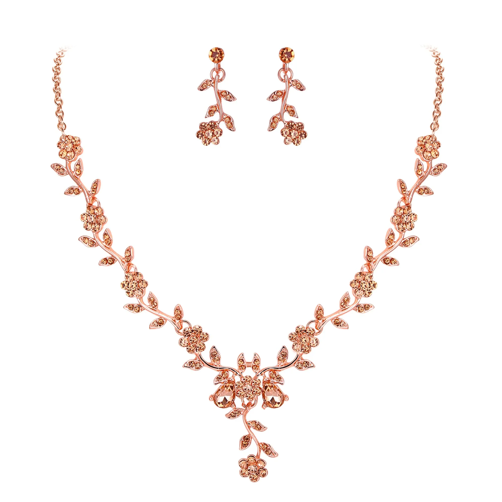 Clearine Set Gioielli Matrimonio Foglia Cluster Fiore Cristalli, Collana con Ciondolo e Orecchini Pendenti, Colore Pesca Morganite Rosa-Oro-Fondo - immagine 1