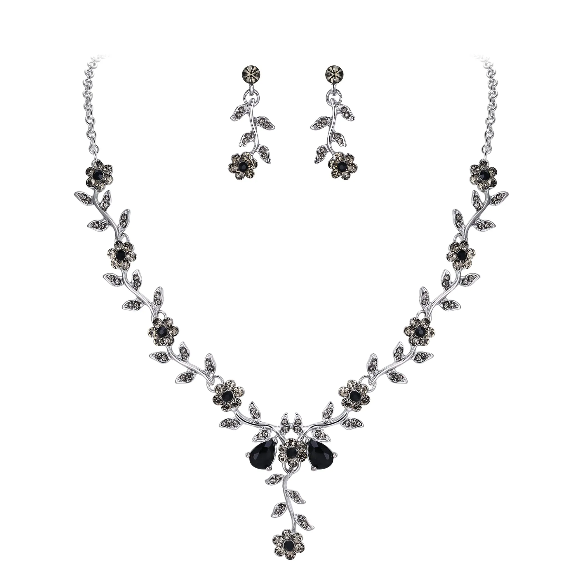 Clearine Set di gioielli da matrimonio donna con cristalli a forma di foglia e fiore, collana e orecchini, Nero Argento-fondo - immagine 1