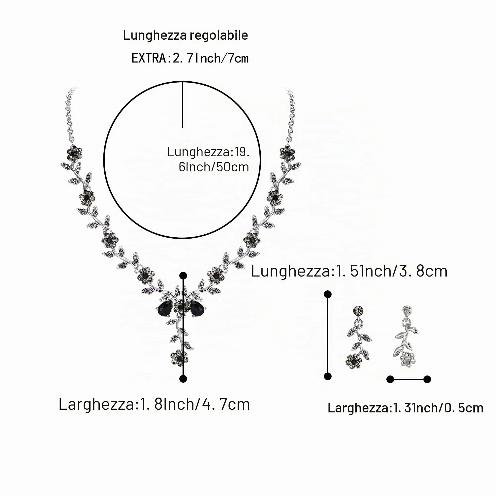 Clearine Set di gioielli da matrimonio donna con cristalli a forma di foglia e fiore, collana e orecchini, Nero Argento-fondo - immagine 4