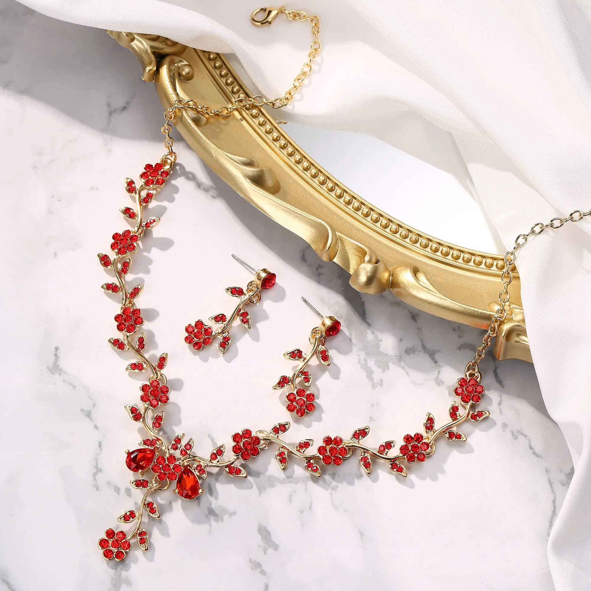 Clearine Set Gioielli Matrimonio Foglia e Fiore in Cristalli, Collana con Ciondolo e Orecchini, Rosso e Oro - immagine 4