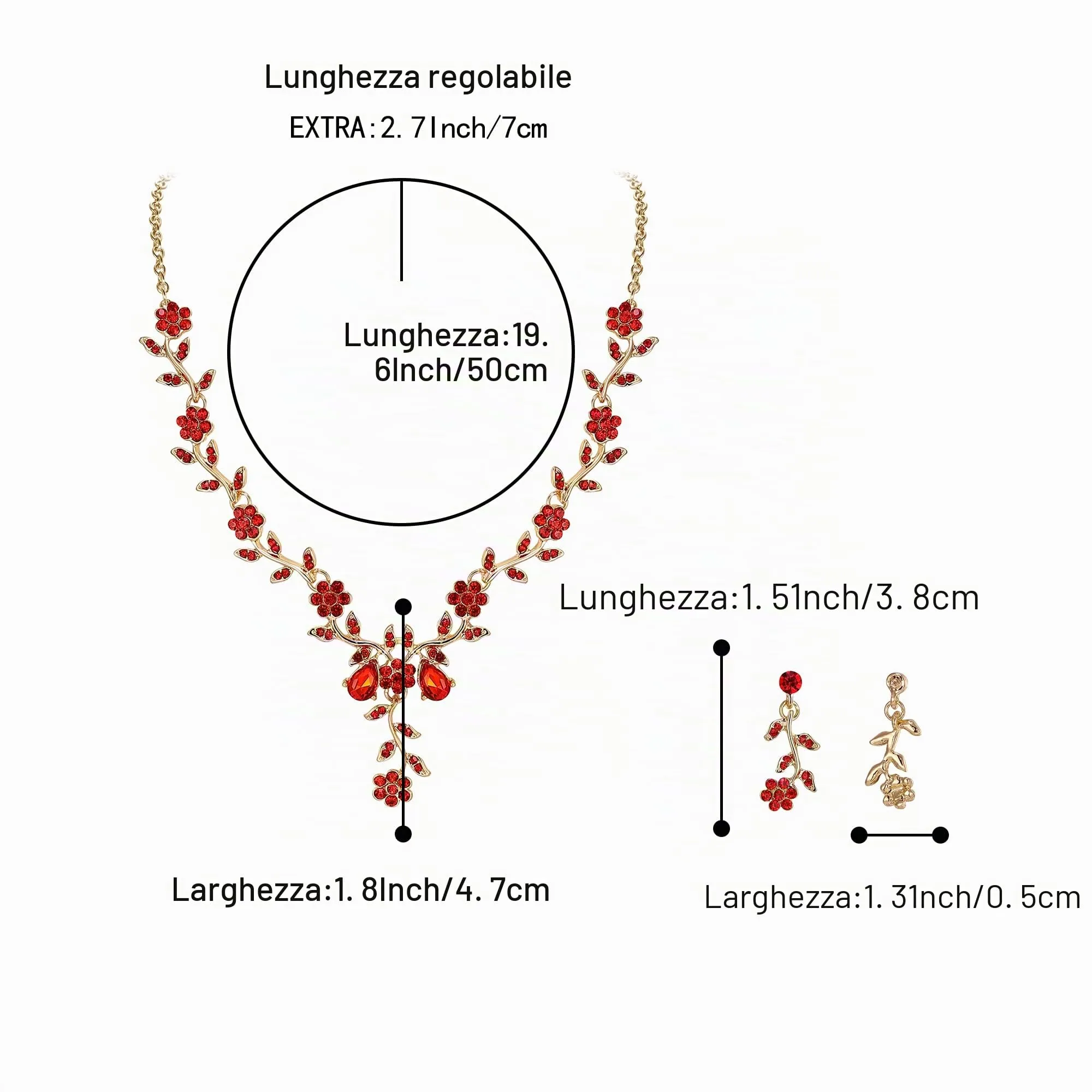 Clearine Set Gioielli Matrimonio Foglia e Fiore in Cristalli, Collana con Ciondolo e Orecchini, Rosso e Oro - immagine 5