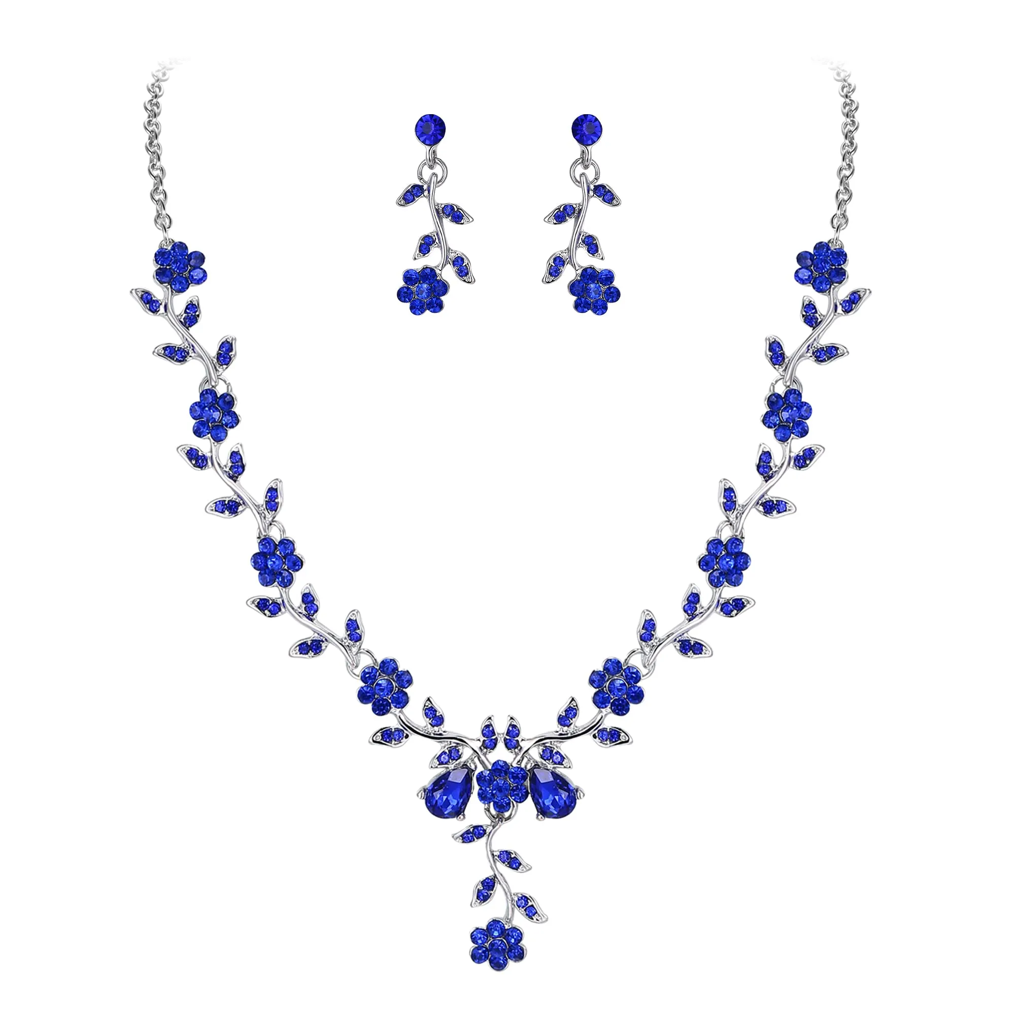 Clearine Set Gioielli Matrimonio Collana e Orecchini Cristalli Fiore e Foglia Colore Zaffiro Fondo Argento - immagine 1