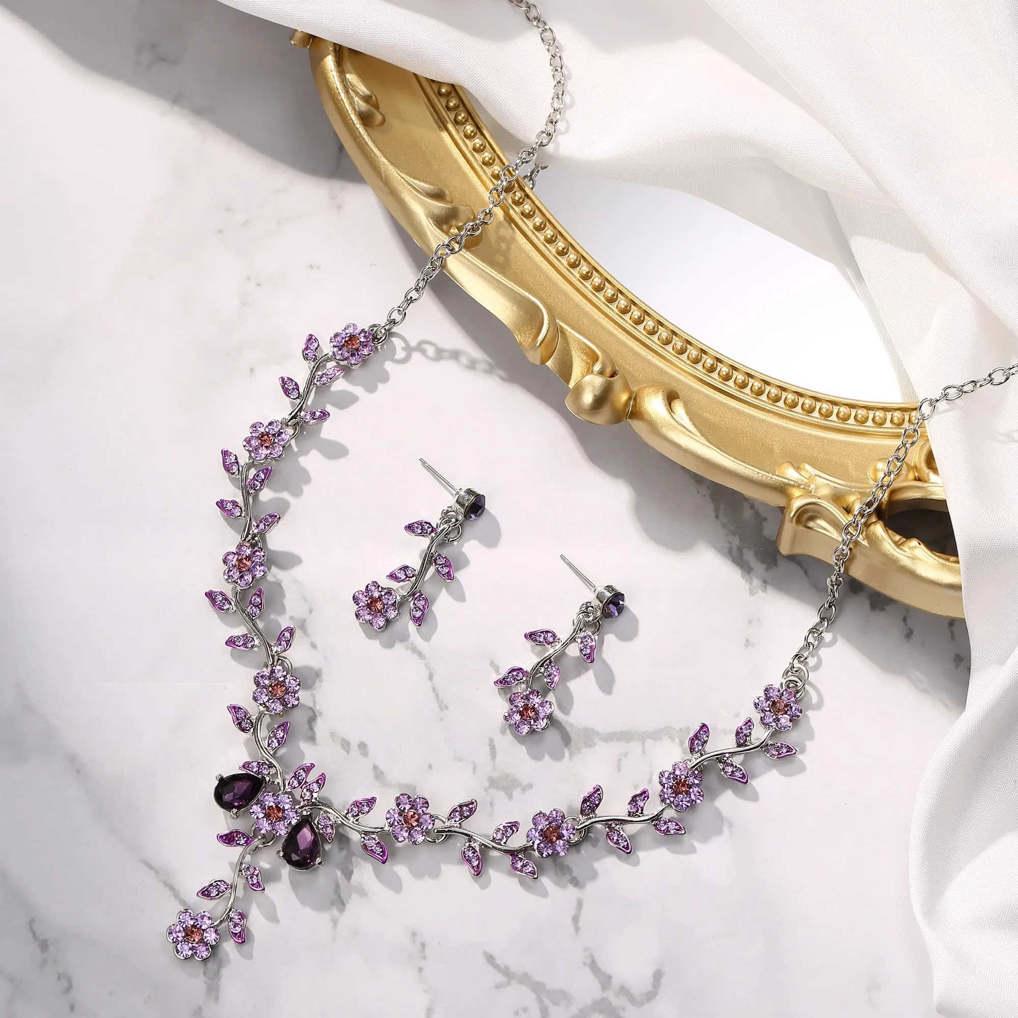 Clearine Set Gioielli Matrimonio Foglia Cluster Fiore Cristalli Collana e Orecchini Viola Argento-fondo - immagine 4